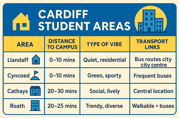 A infographic that displays distance to campus, type of vibe and transport links from different student areas