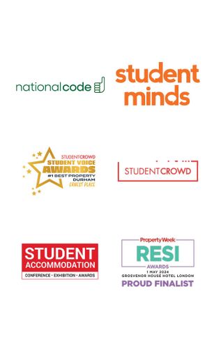 A collection of logos: national code, student minds, StudentCrowd Awards, Student Accommodation, Property Week RESI Awards.