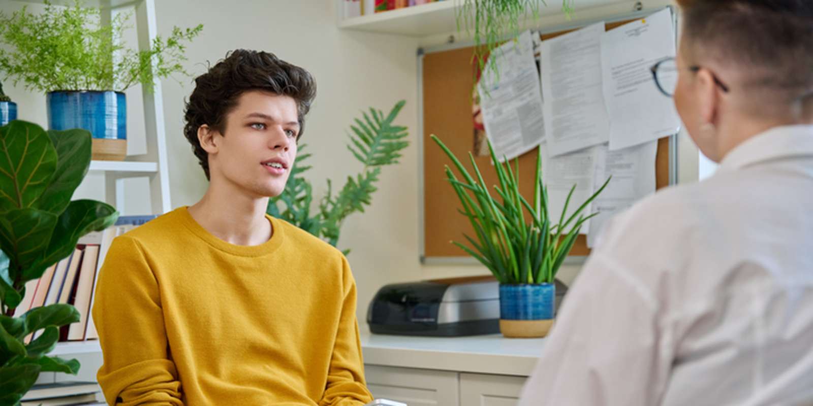 College student guy at meeting with professional counselor