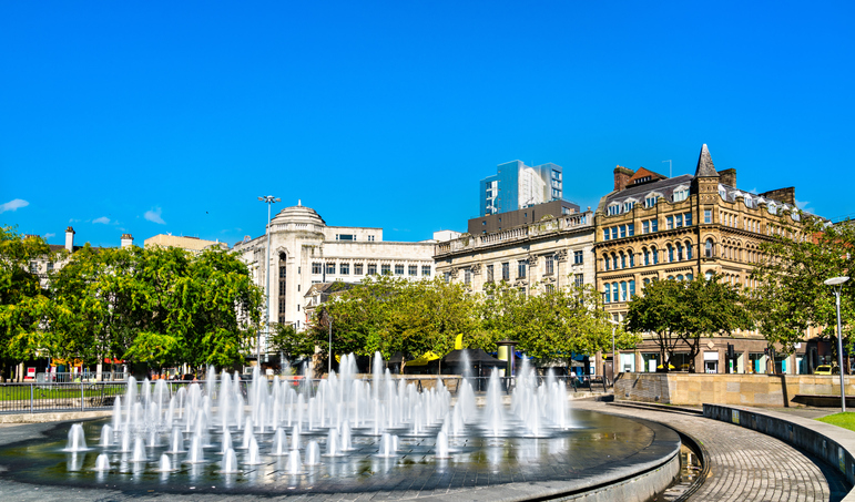 Fountains at Piccadilly garden in Manchester