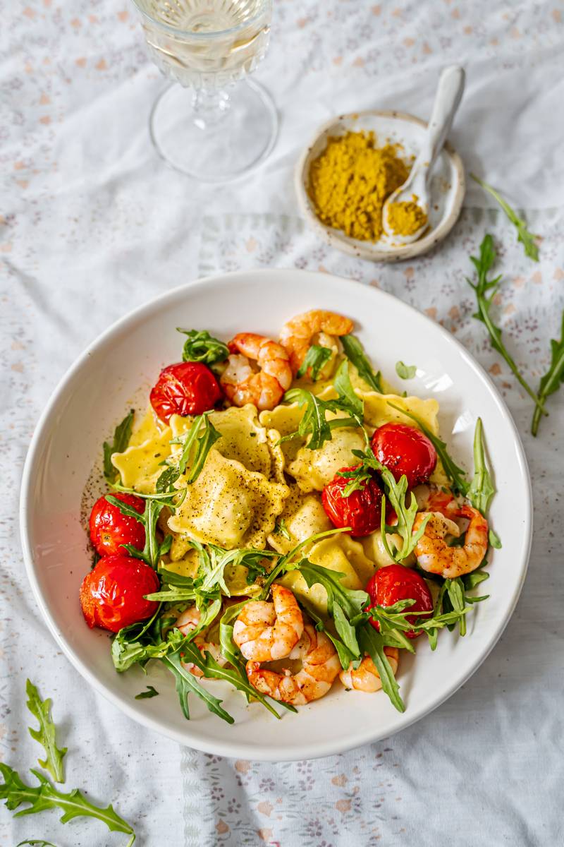 Ravioli met garnalen en tomaat (receptontwikkeling en foodfotografie)