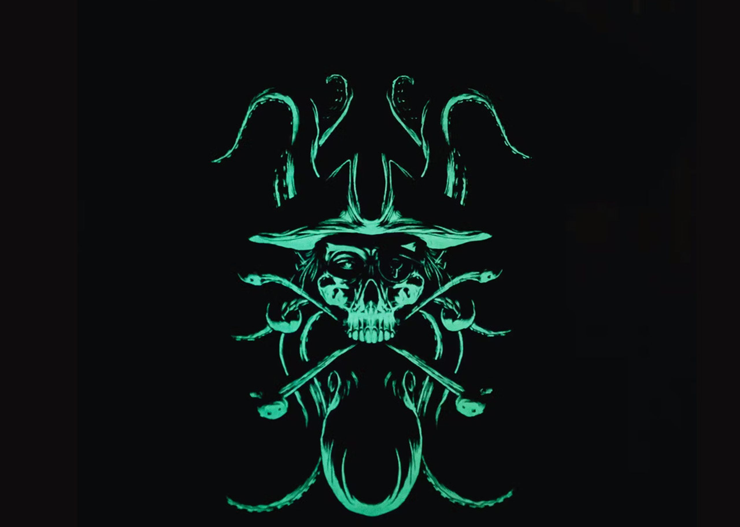 Glow-in-the-dark black t-shirt showing the glow-in-the-dark ink