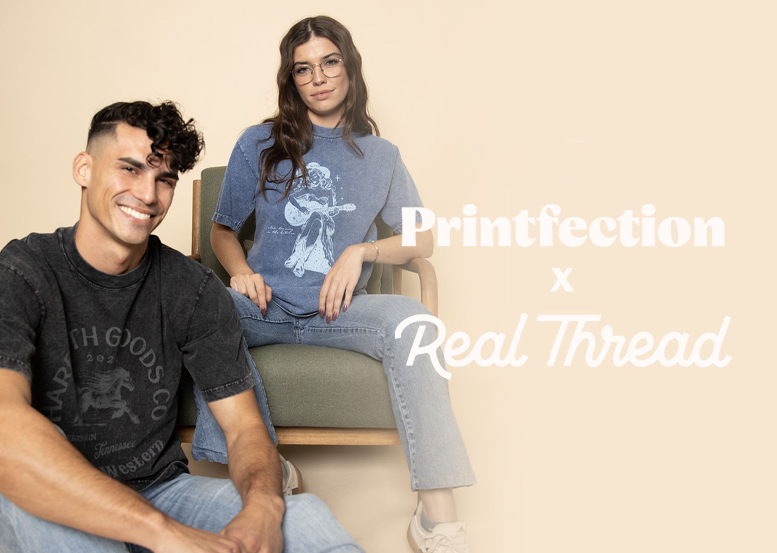 man and women sitting in front of tan photo paper with printfection and realthread logo on top