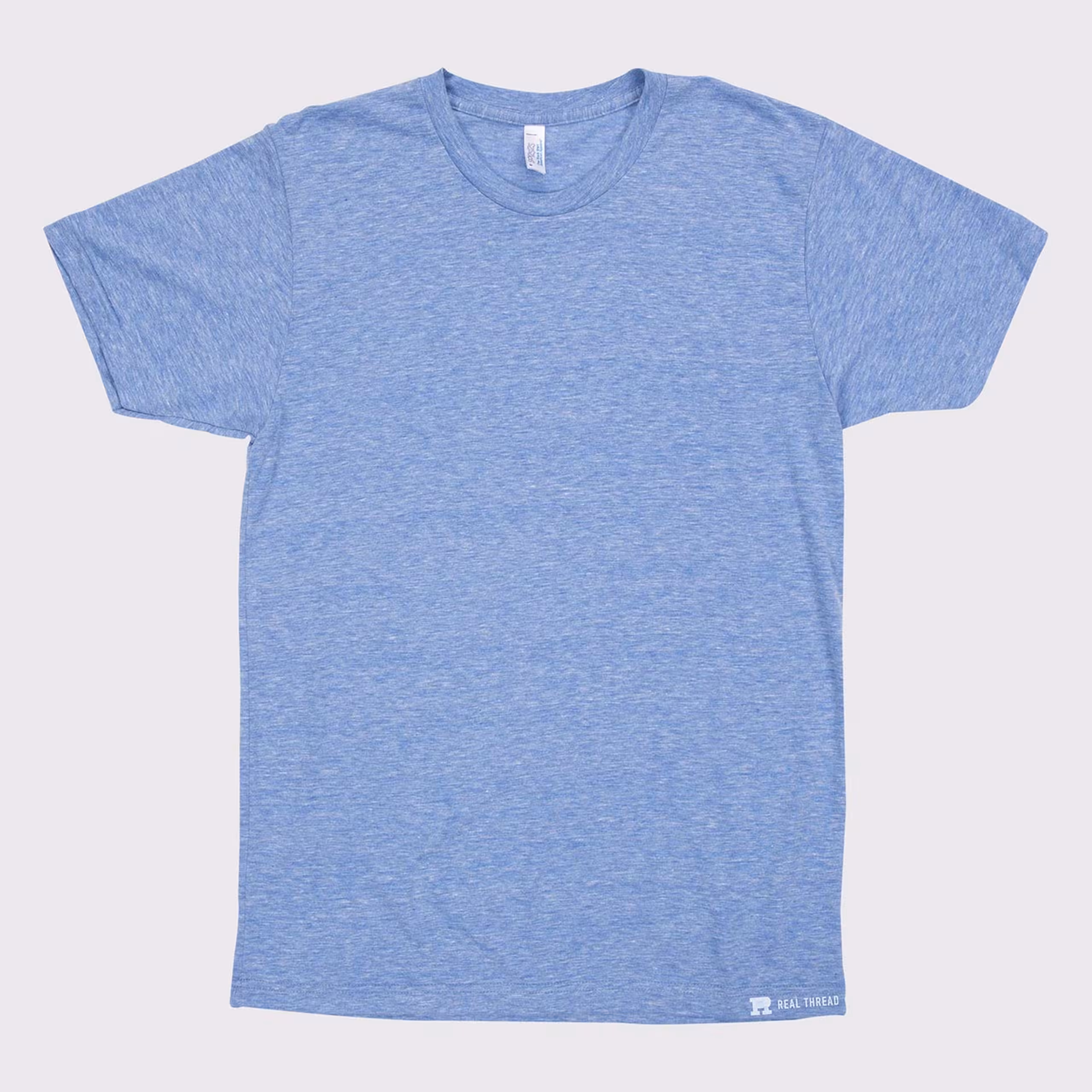 light blue tri-blend t-shirt laying flat