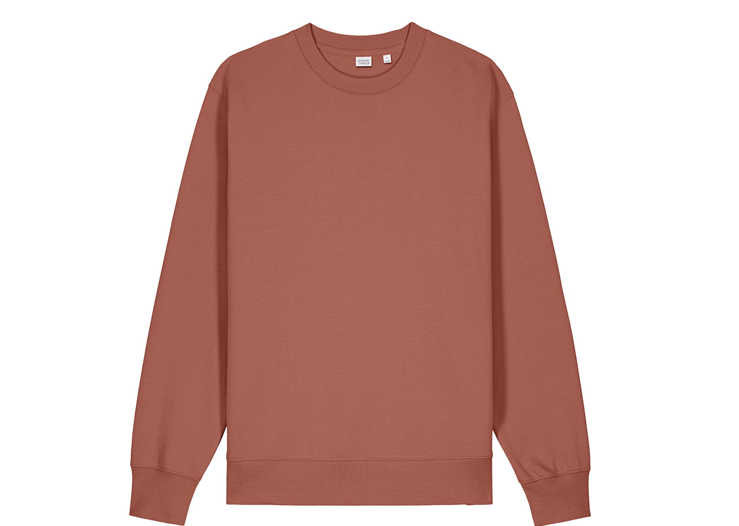 Rust-colored sweatshirt with a crew neckline and long sleeves, displayed on a white background.
