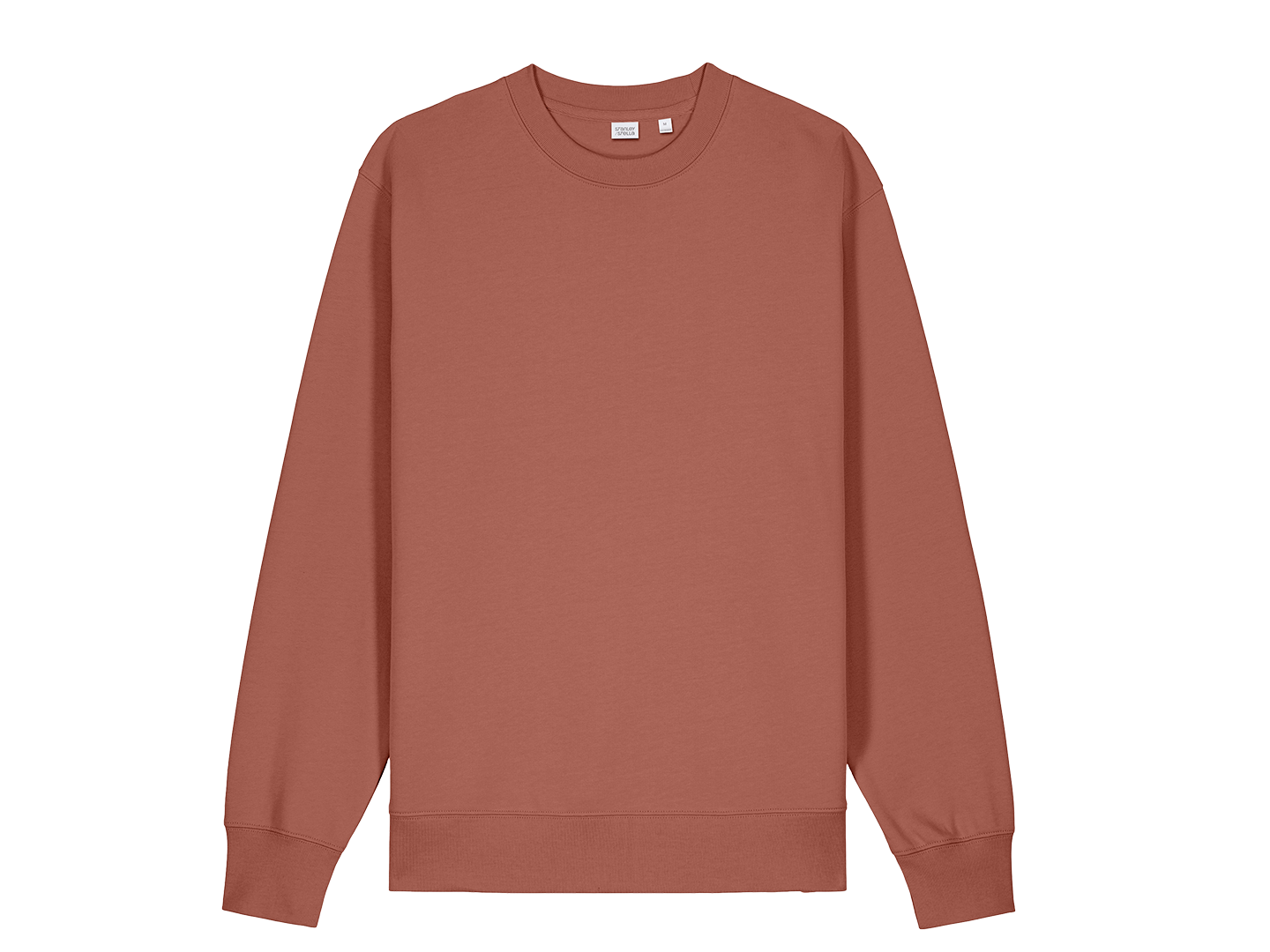 Rust-colored sweatshirt with a crew neckline and long sleeves, displayed on a white background.