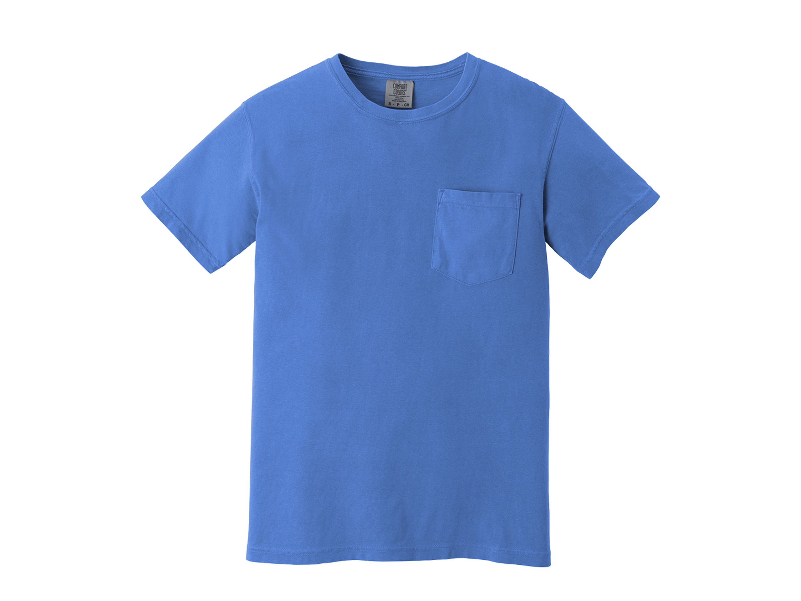 Blue T-shirt with a chest pocket, short sleeves, and a round neckline, displayed against a white background.