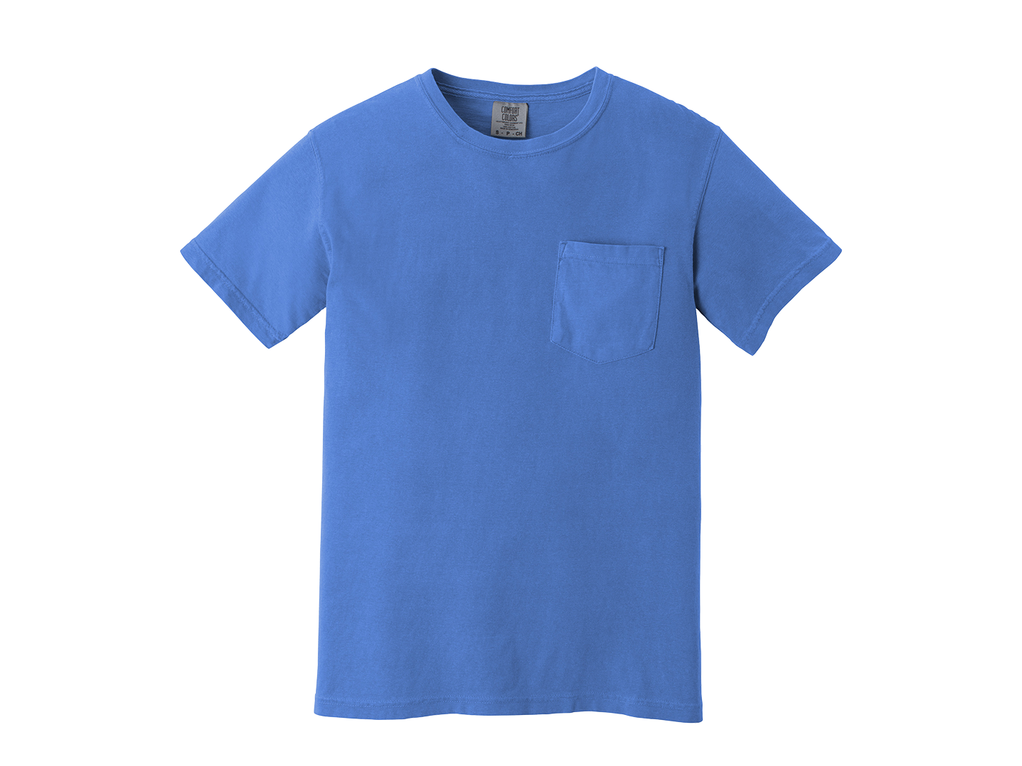 Blue T-shirt with a chest pocket, short sleeves, and a round neckline, displayed against a white background.