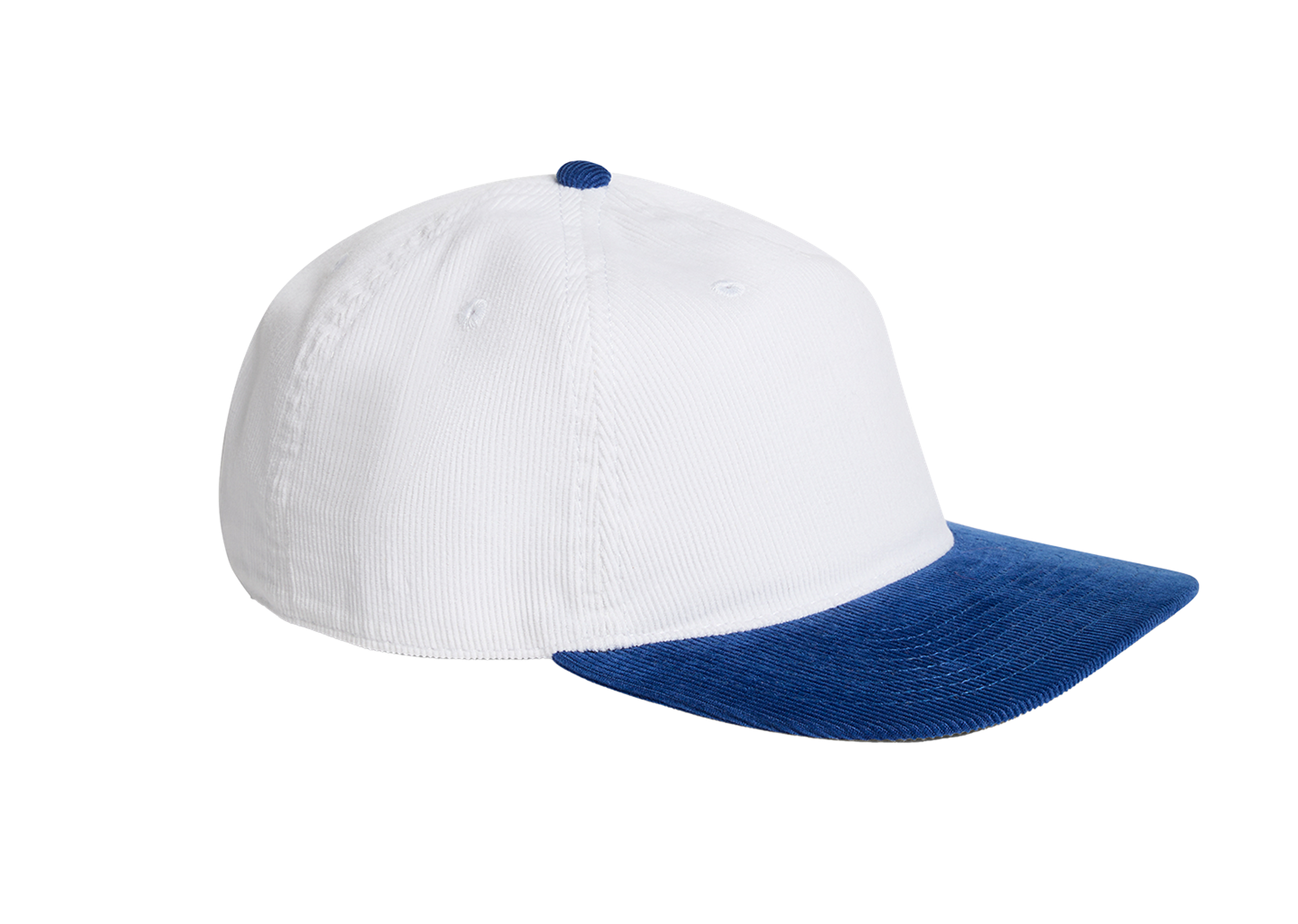 A white baseball cap with a blue brim and button, shown from the side against a plain background.
