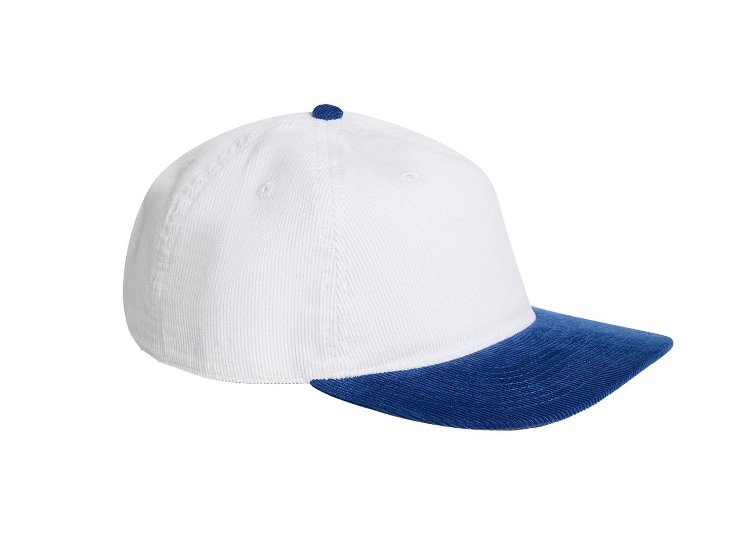 A white baseball cap with a blue brim and button, shown from the side against a plain background.