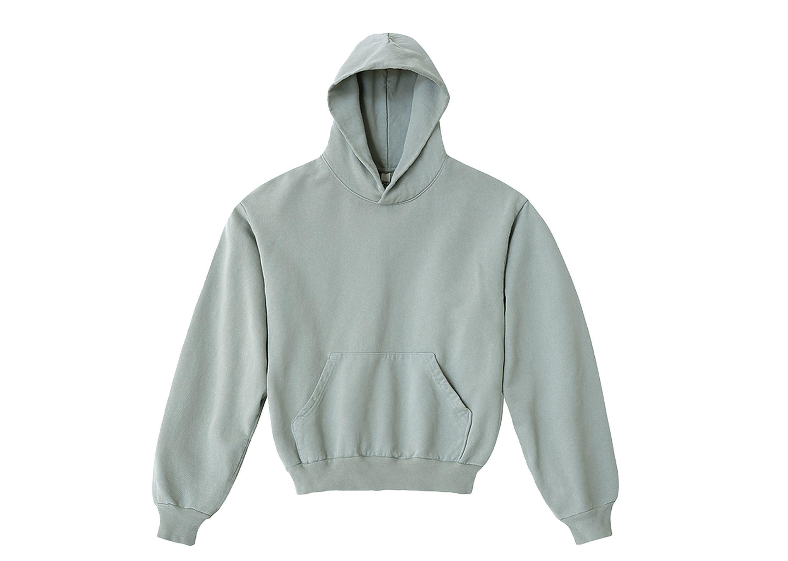 A light gray hooded sweatshirt with a front pocket and ribbed cuffs, displayed against a white background.