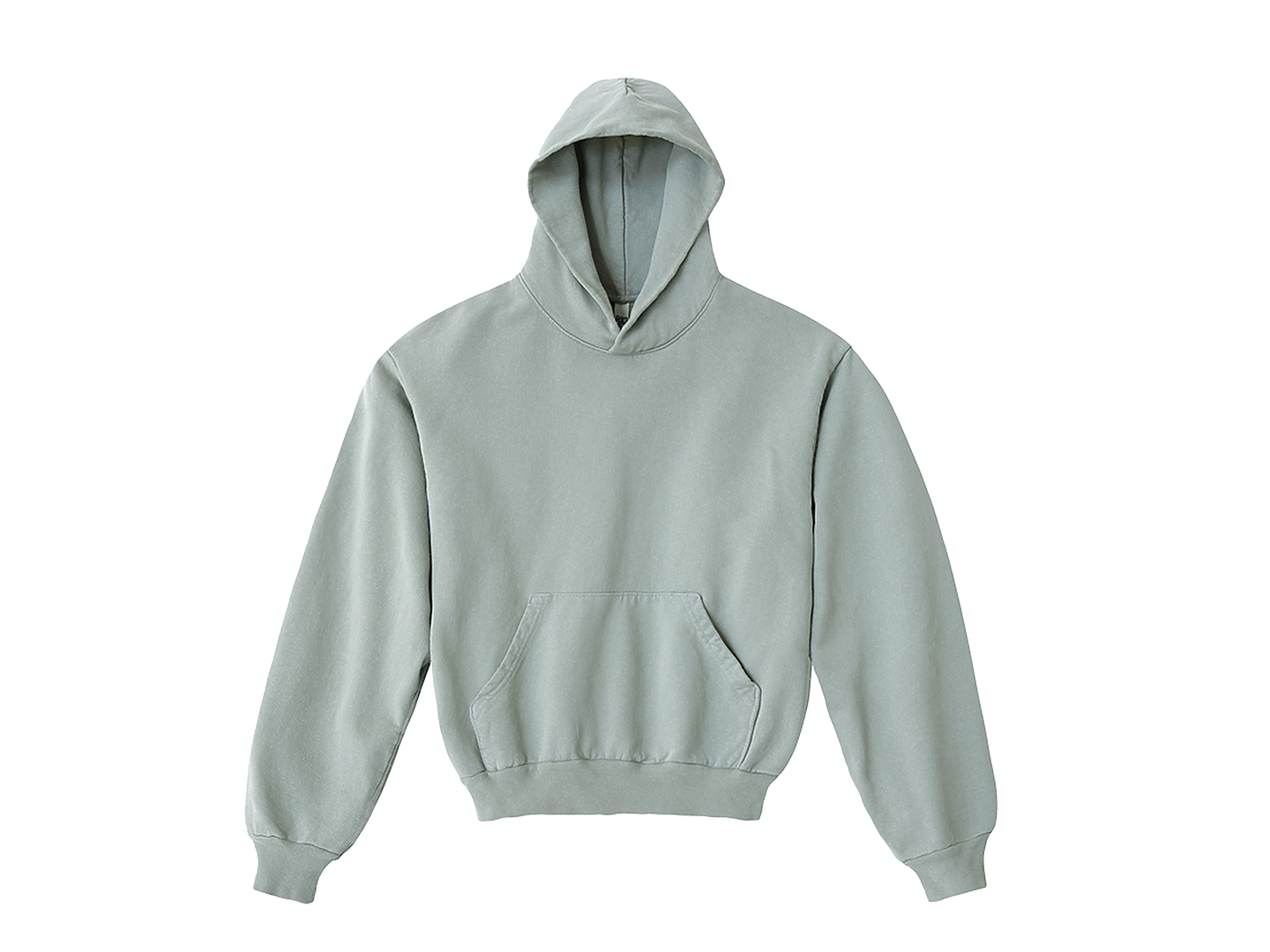 A light gray hooded sweatshirt with a front pocket and ribbed cuffs, displayed against a white background.
