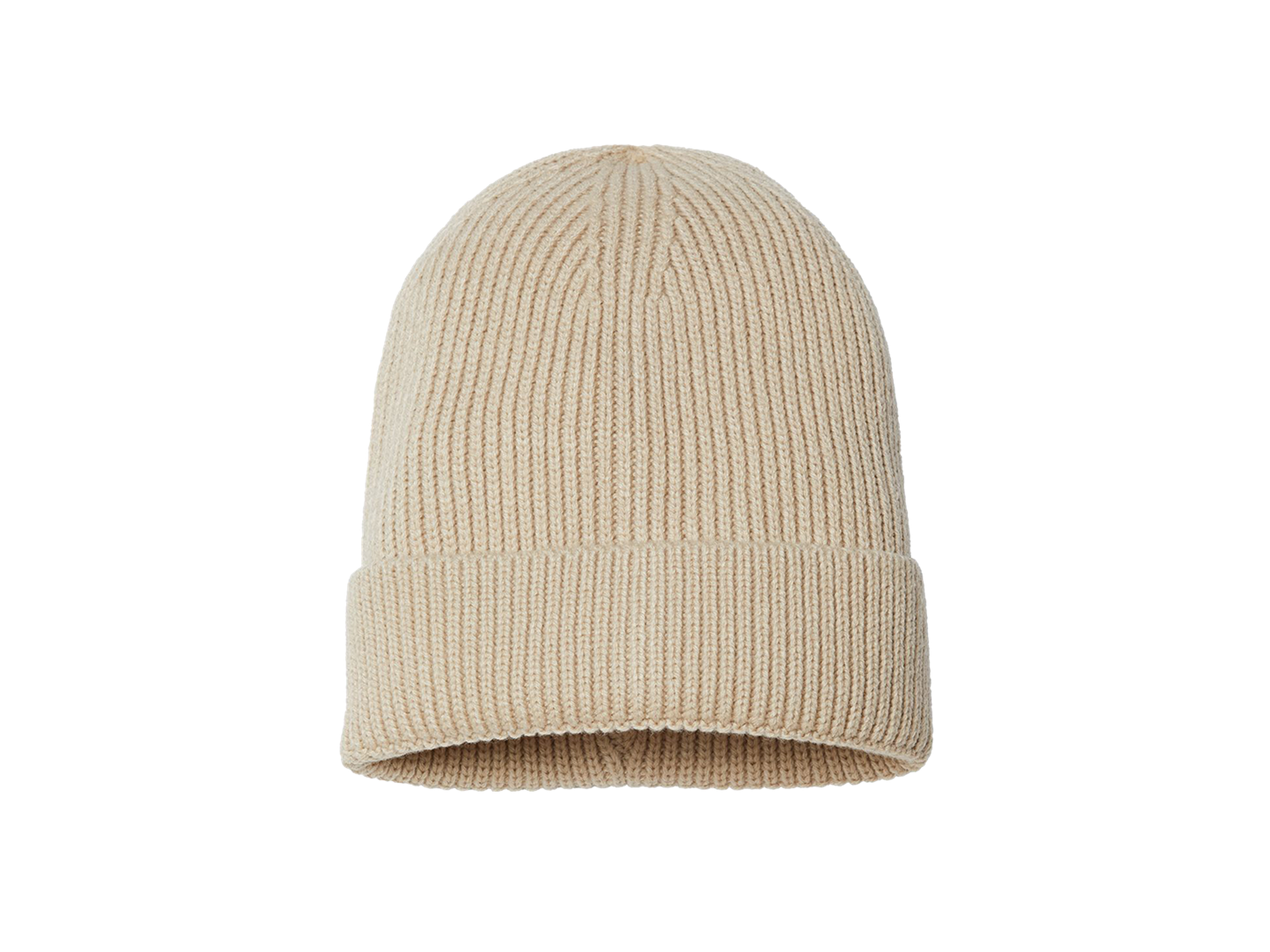 Beige knitted beanie hat with a folded cuff, displayed against a white background.