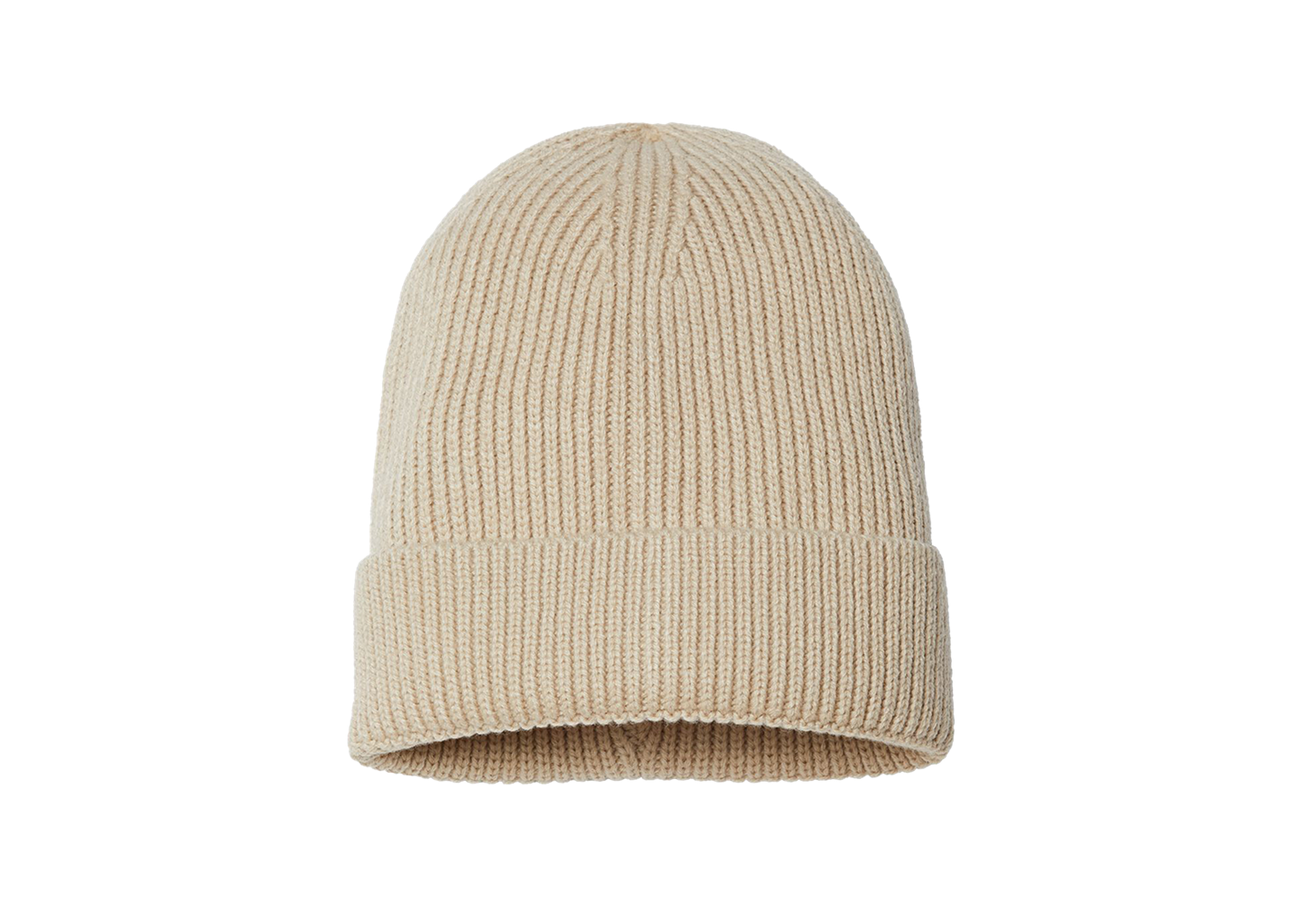 Beige knitted beanie hat with a folded cuff, displayed against a white background.