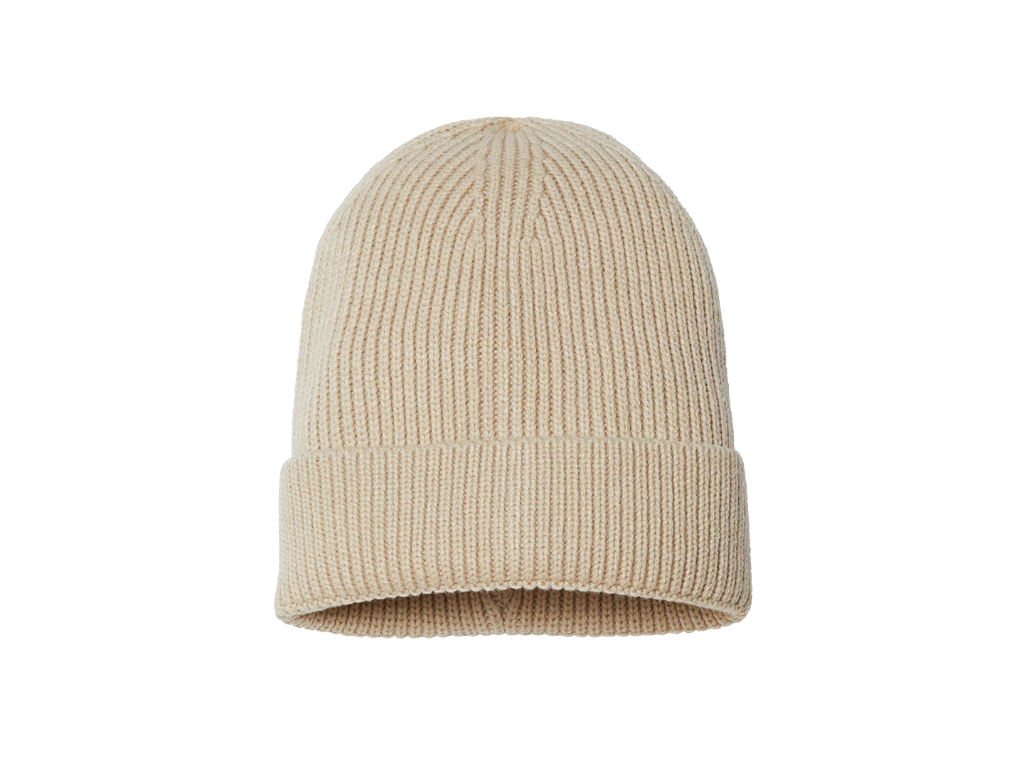 Beige knitted beanie hat with a folded cuff, displayed against a white background.