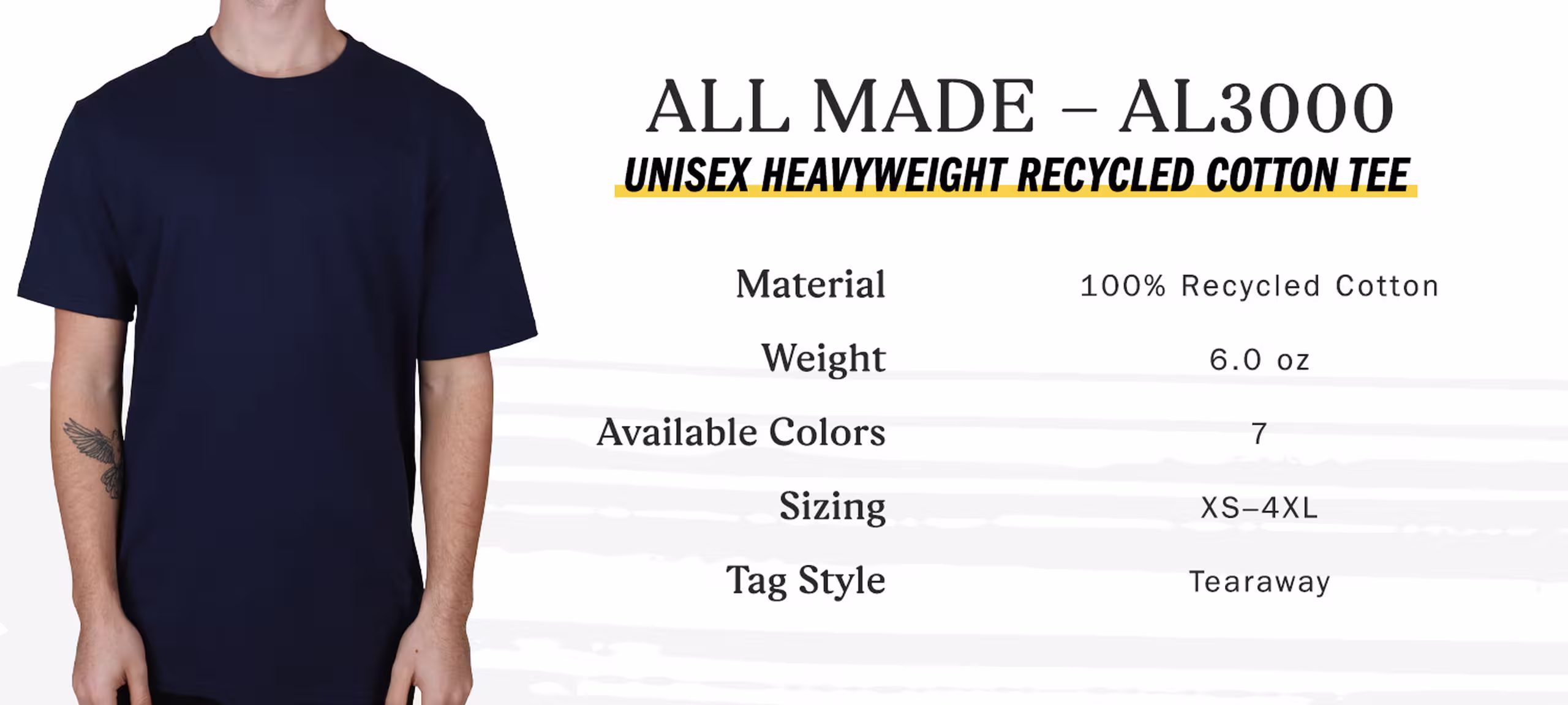 All Made AL3000 unisex heavyweight recycled cotton tee, 100 percent recycled cotton, weight 6.0 oz, available colors 7, sizing extra-small to four extra-large, tag style tearaway