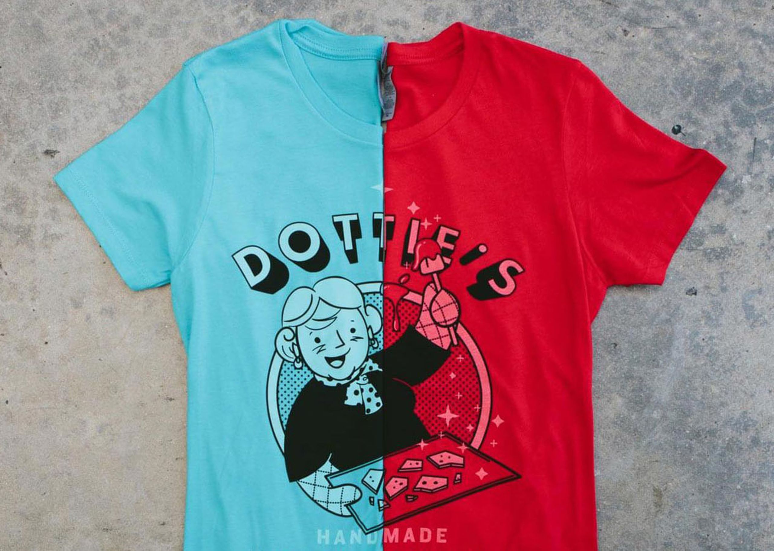 half of a blue t-shirt next to a half of a red t-shirt