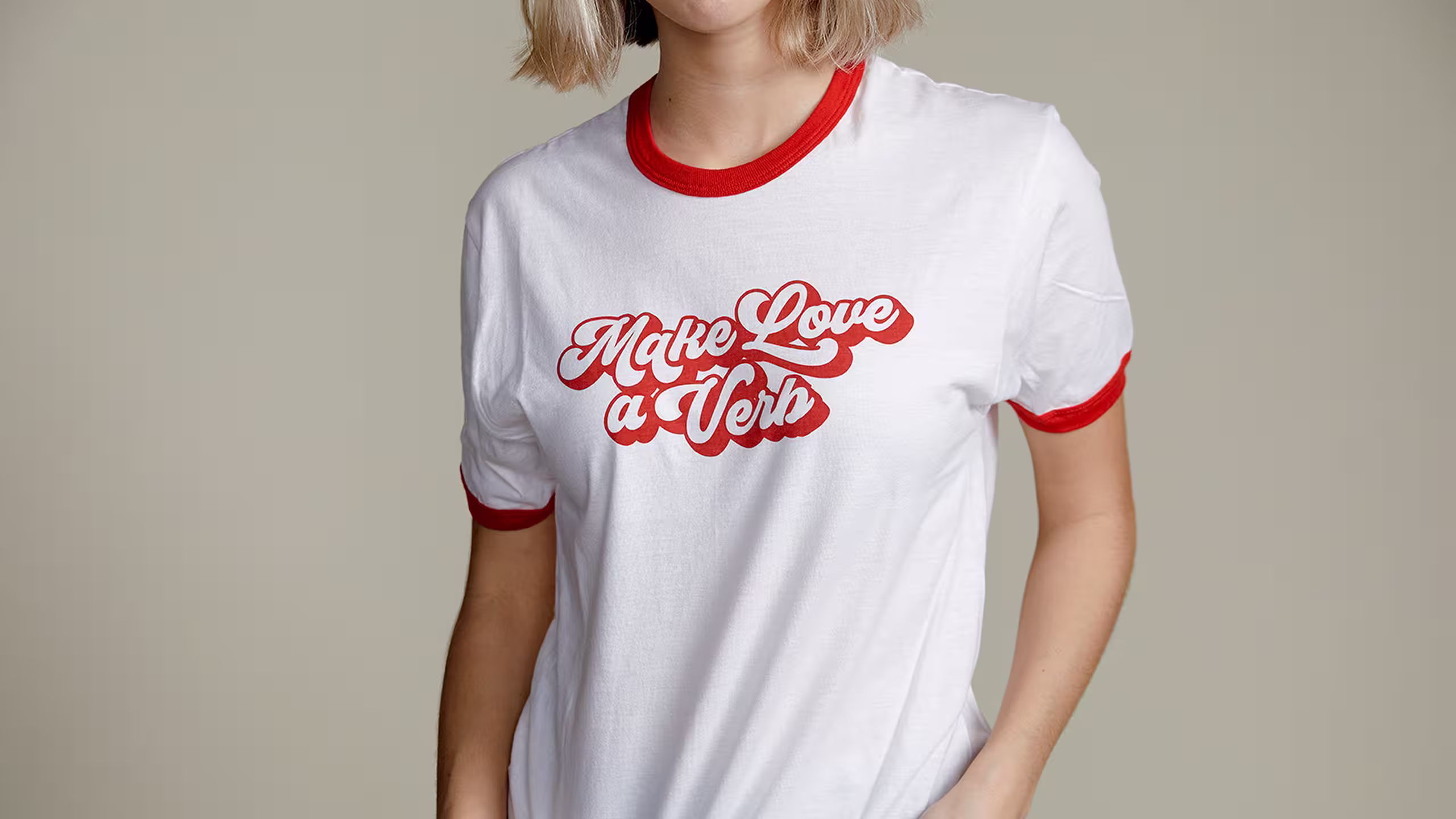 woman wearing a white and red ringer t-shirt