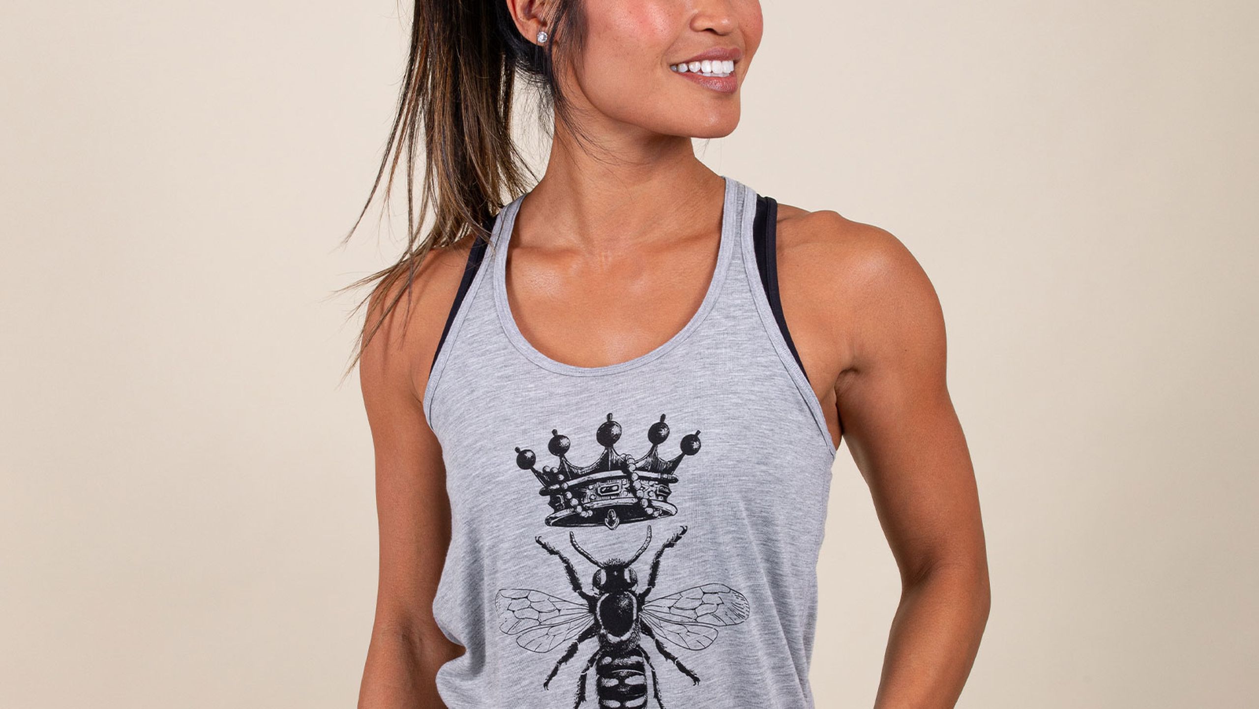 women wearing a gray athletic tank top