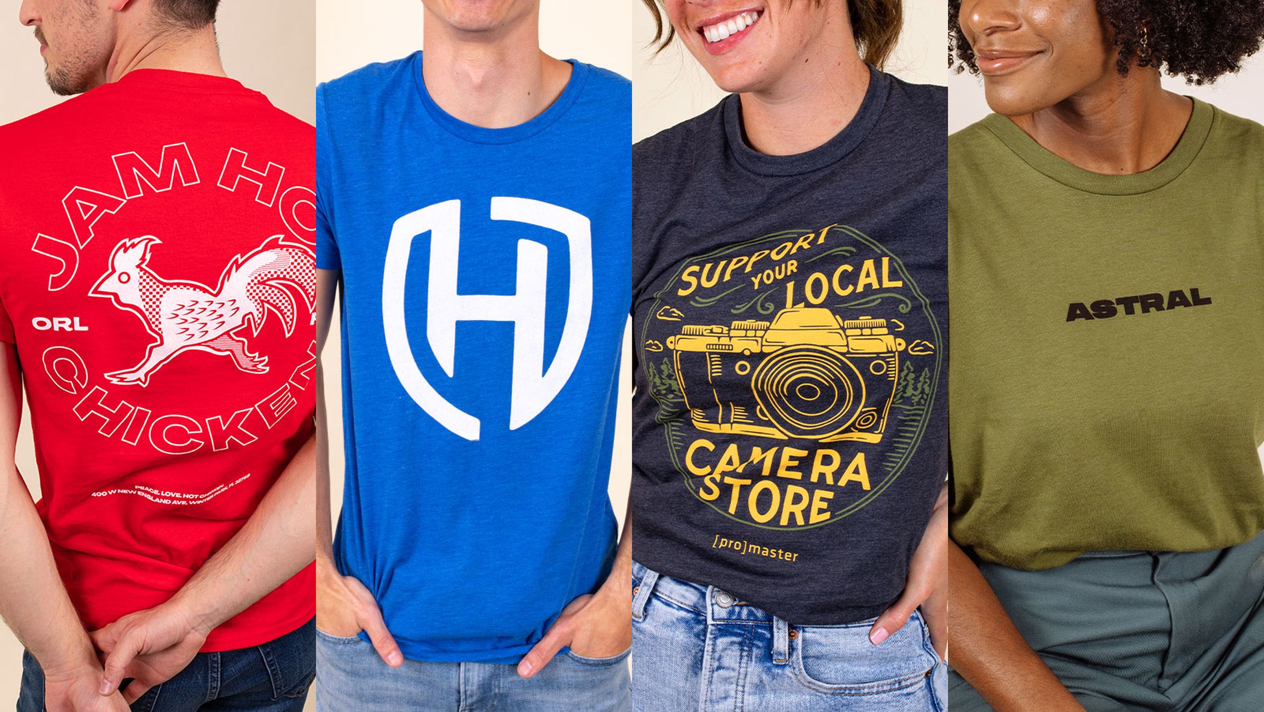 four images put together to show red, blue, yellow, and green t-shirts