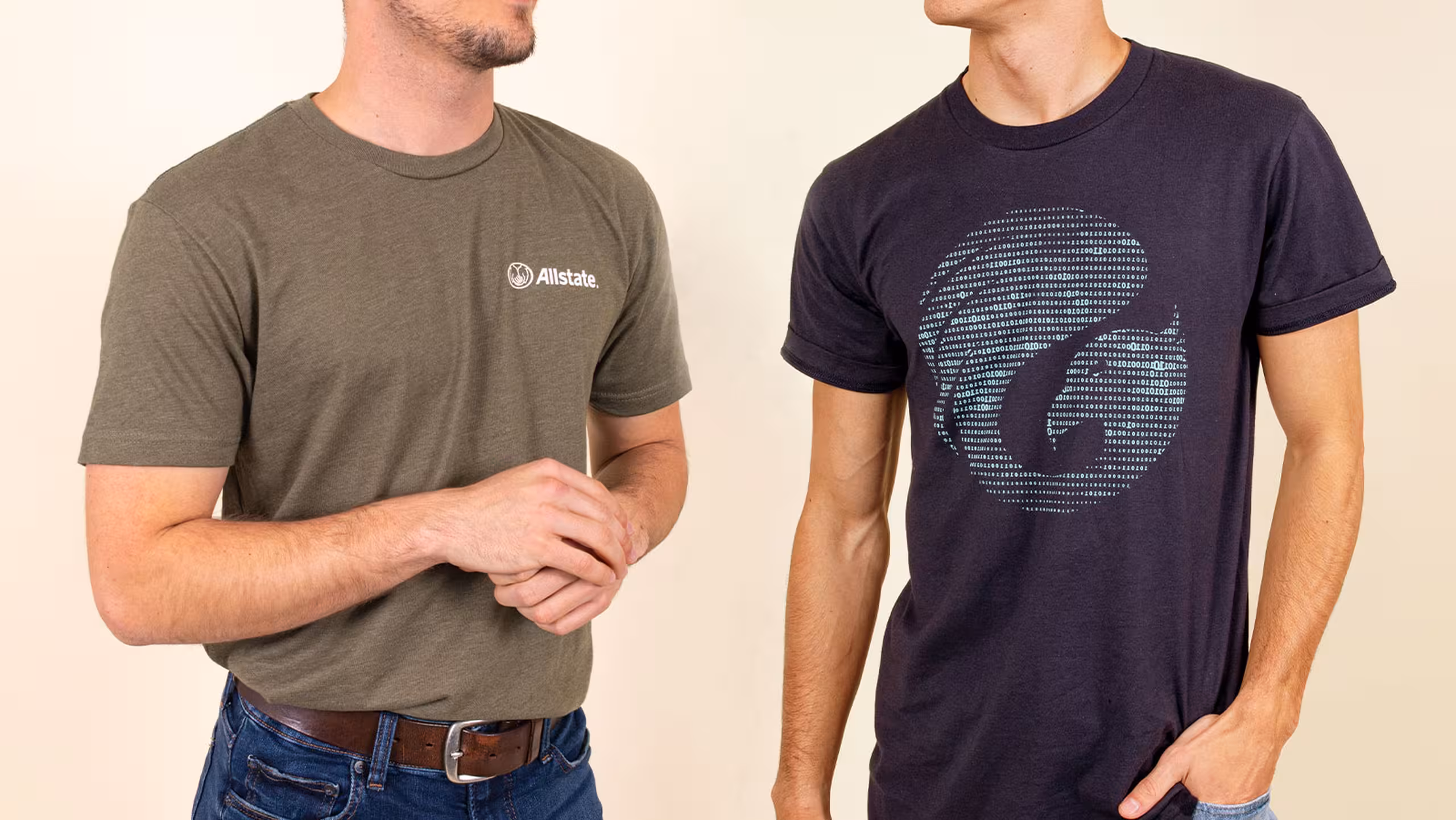 two people wearing t-shirts, one olive green and one navy