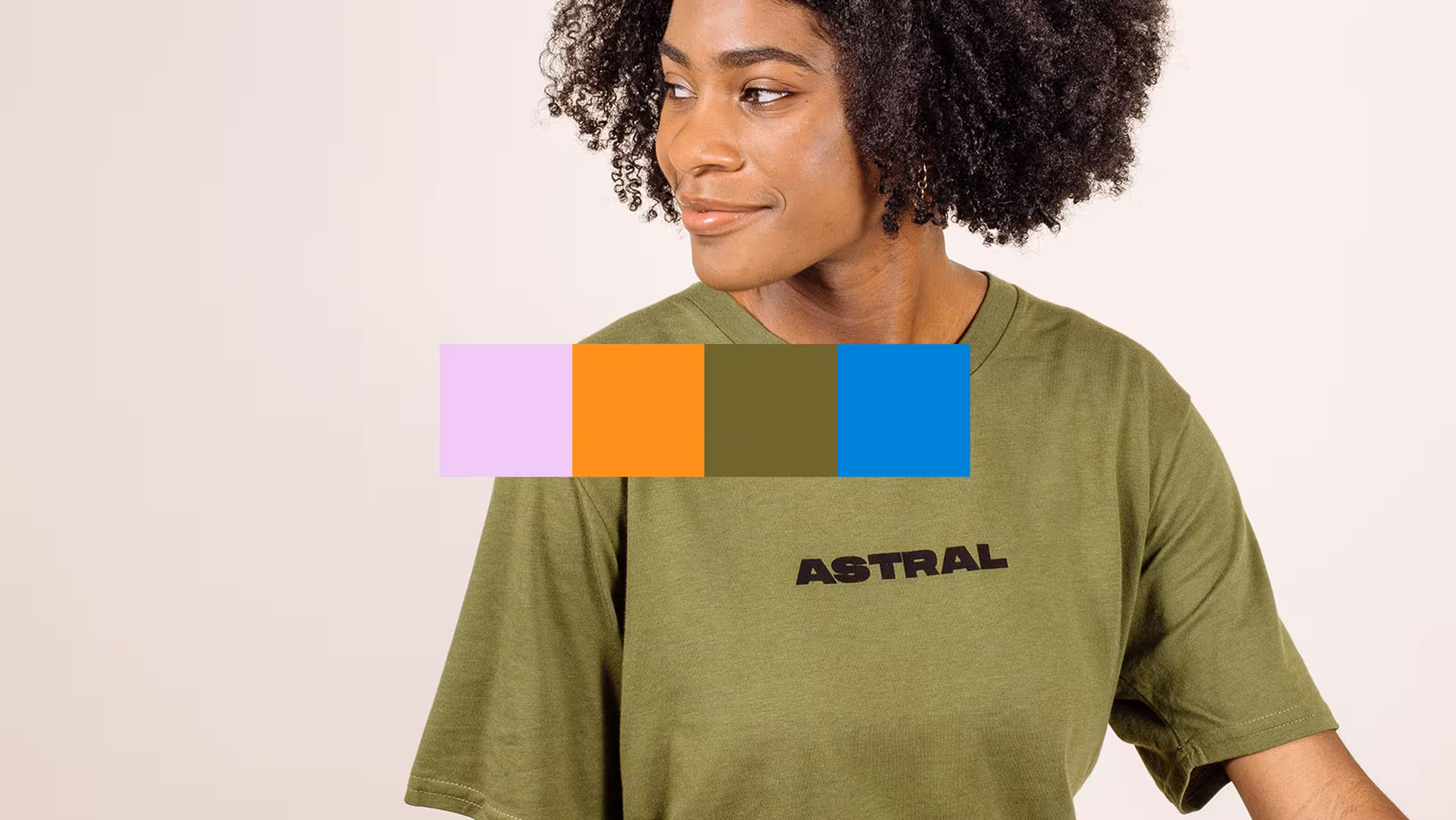 Women in a green t-shirt with 4 spring colors in squares overlaying the image.