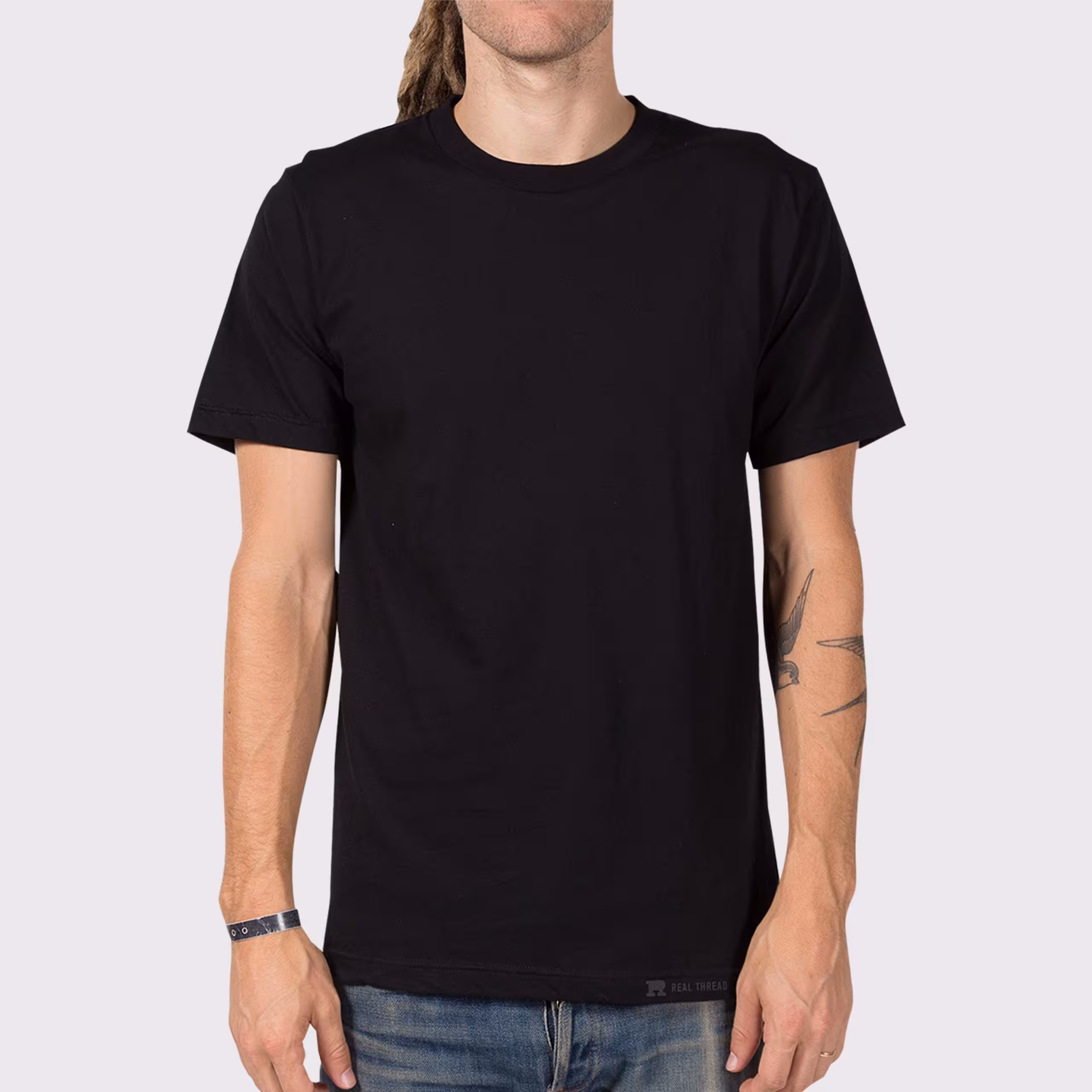 man wearing a black t-shirt