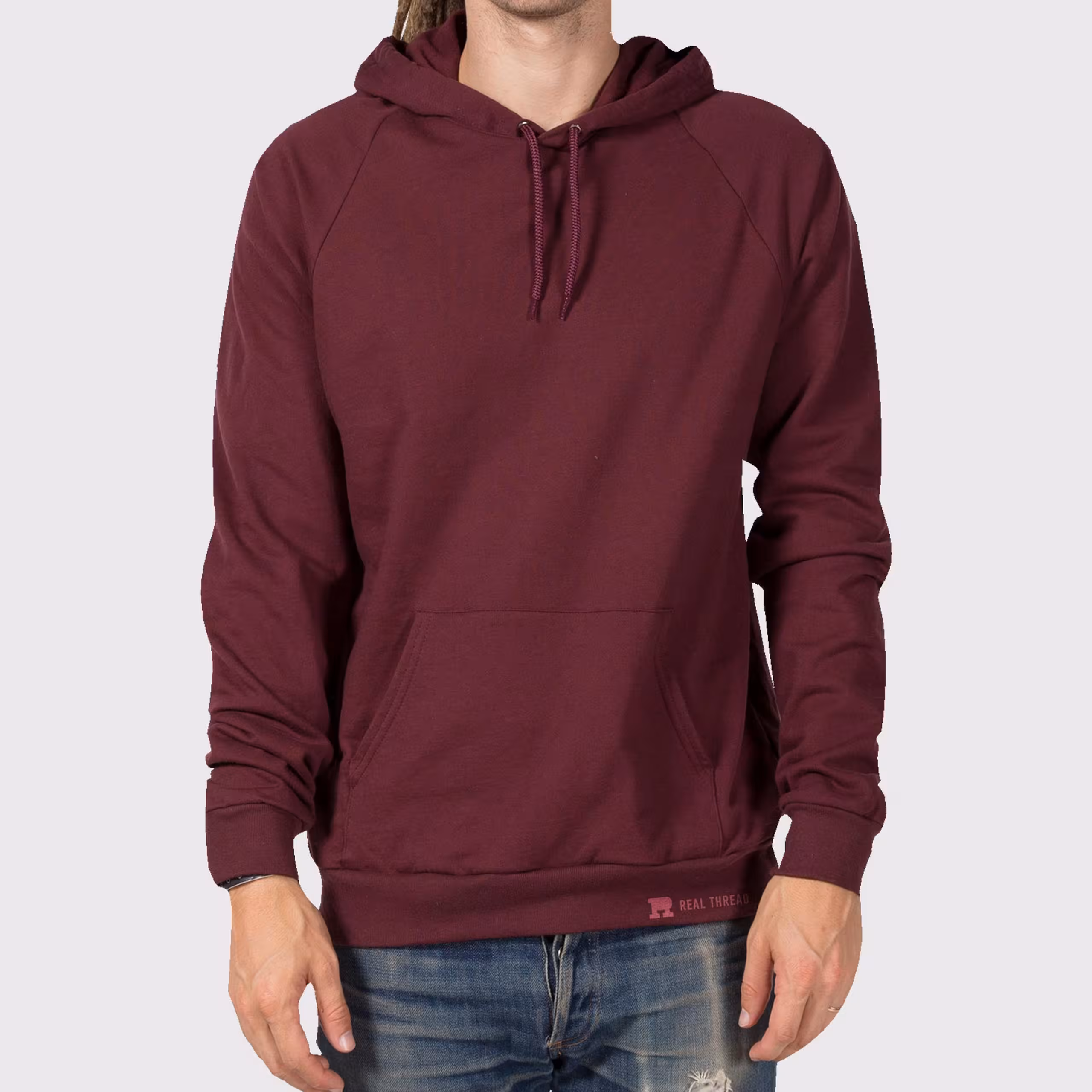 man wearing a dark red hoodie