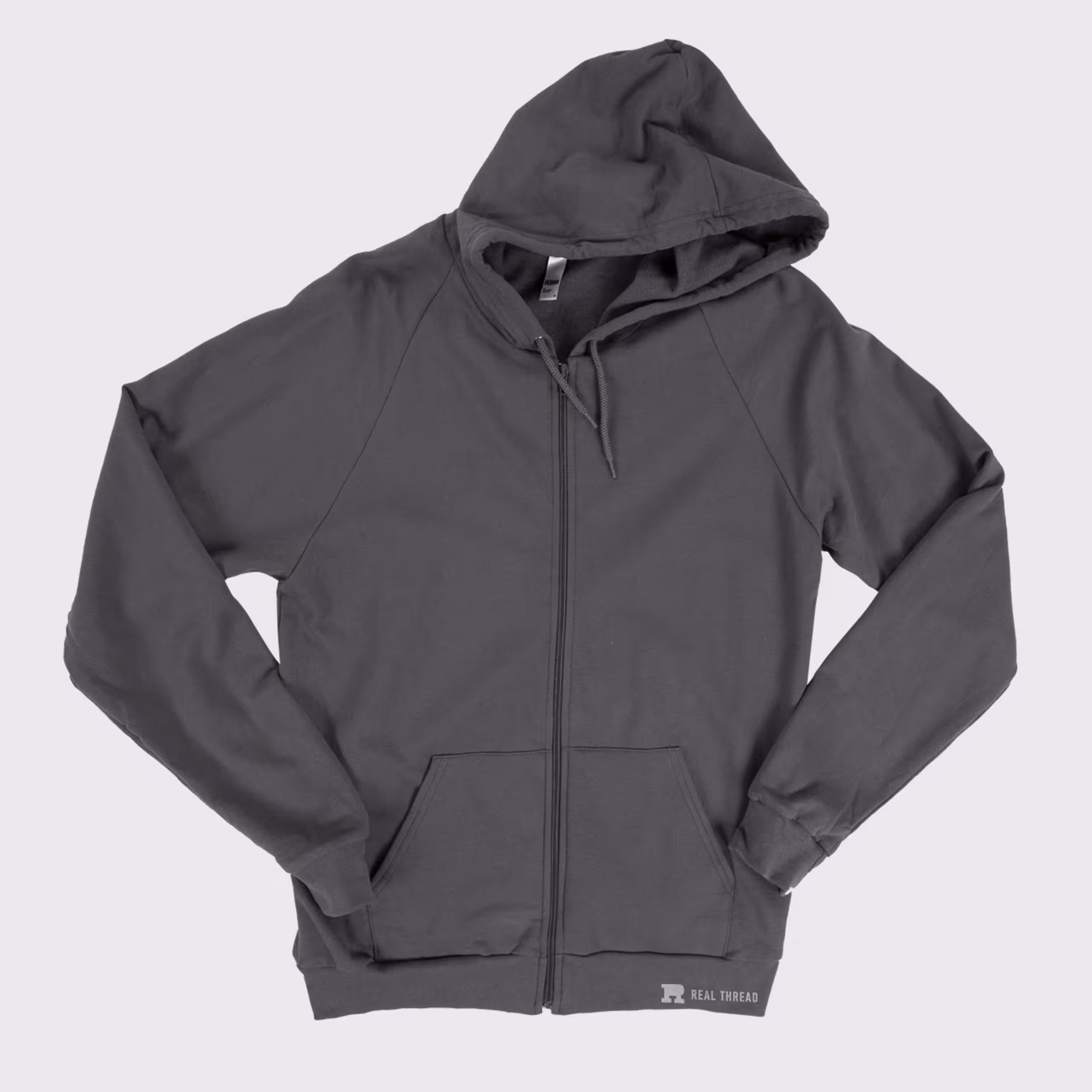 dark grey zip-up hoodie laying flat