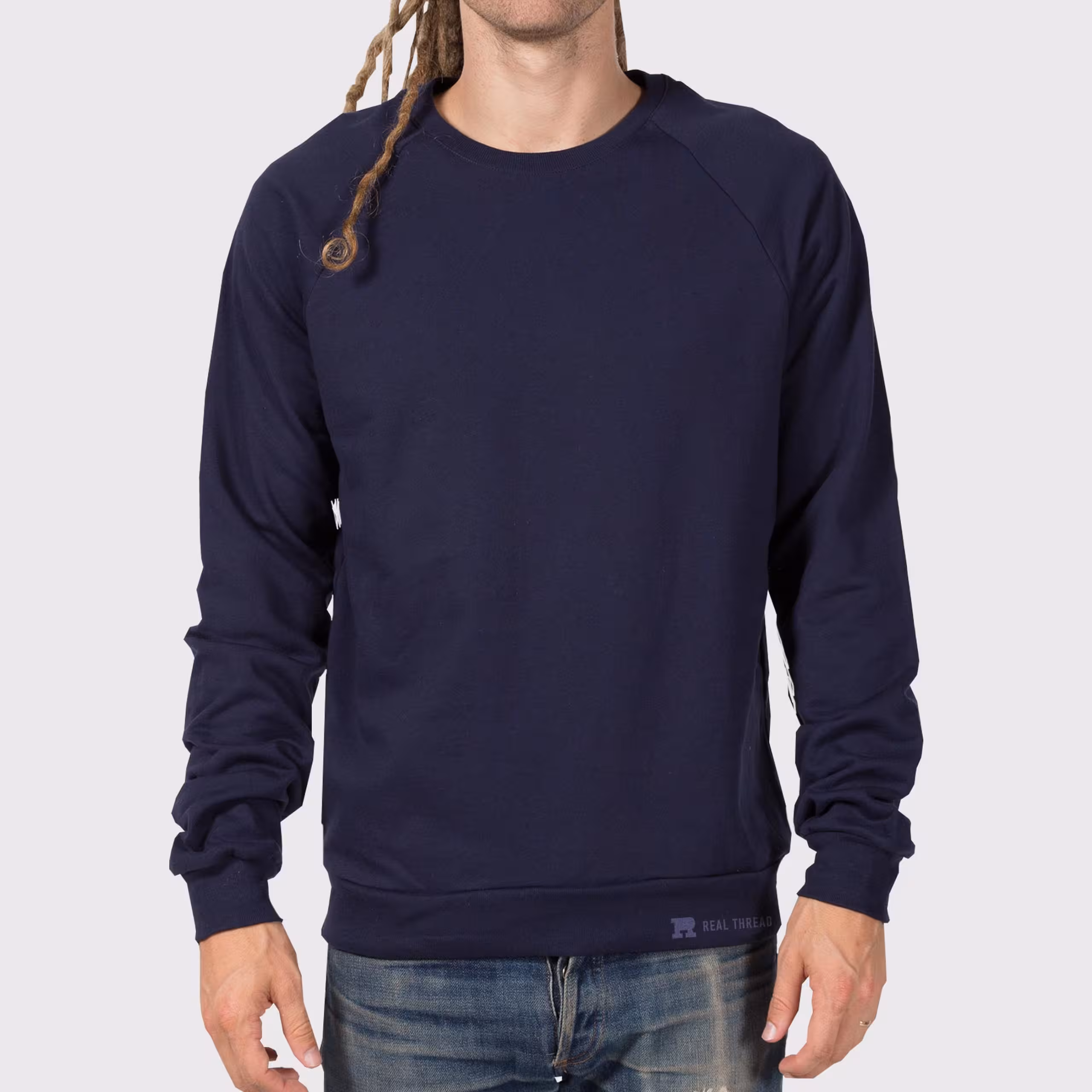 man wearing a navy sweatshirt