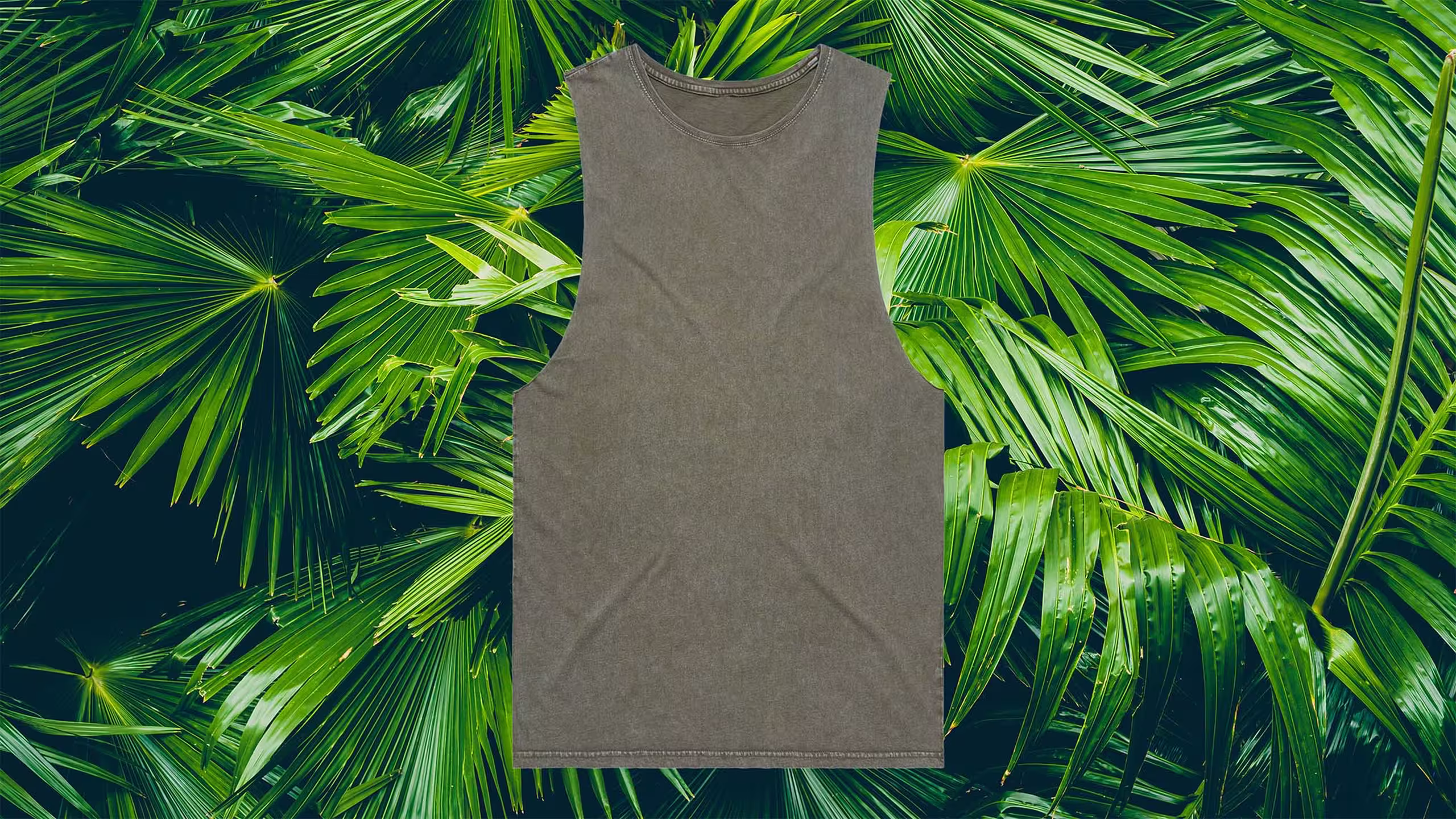 dark green tank top flat over a background of palm trees
