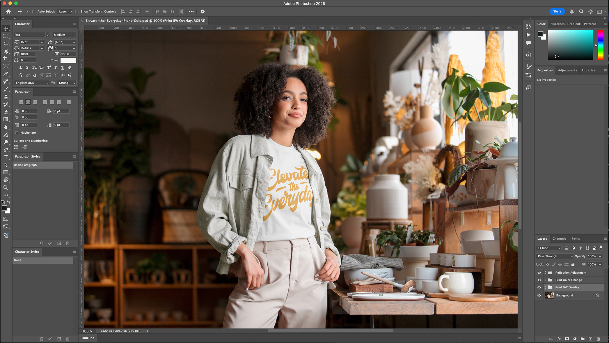 A person with curly hair stands in a cozy, plant-filled room, wearing a casual outfit. An open laptop and notebook are on the table.