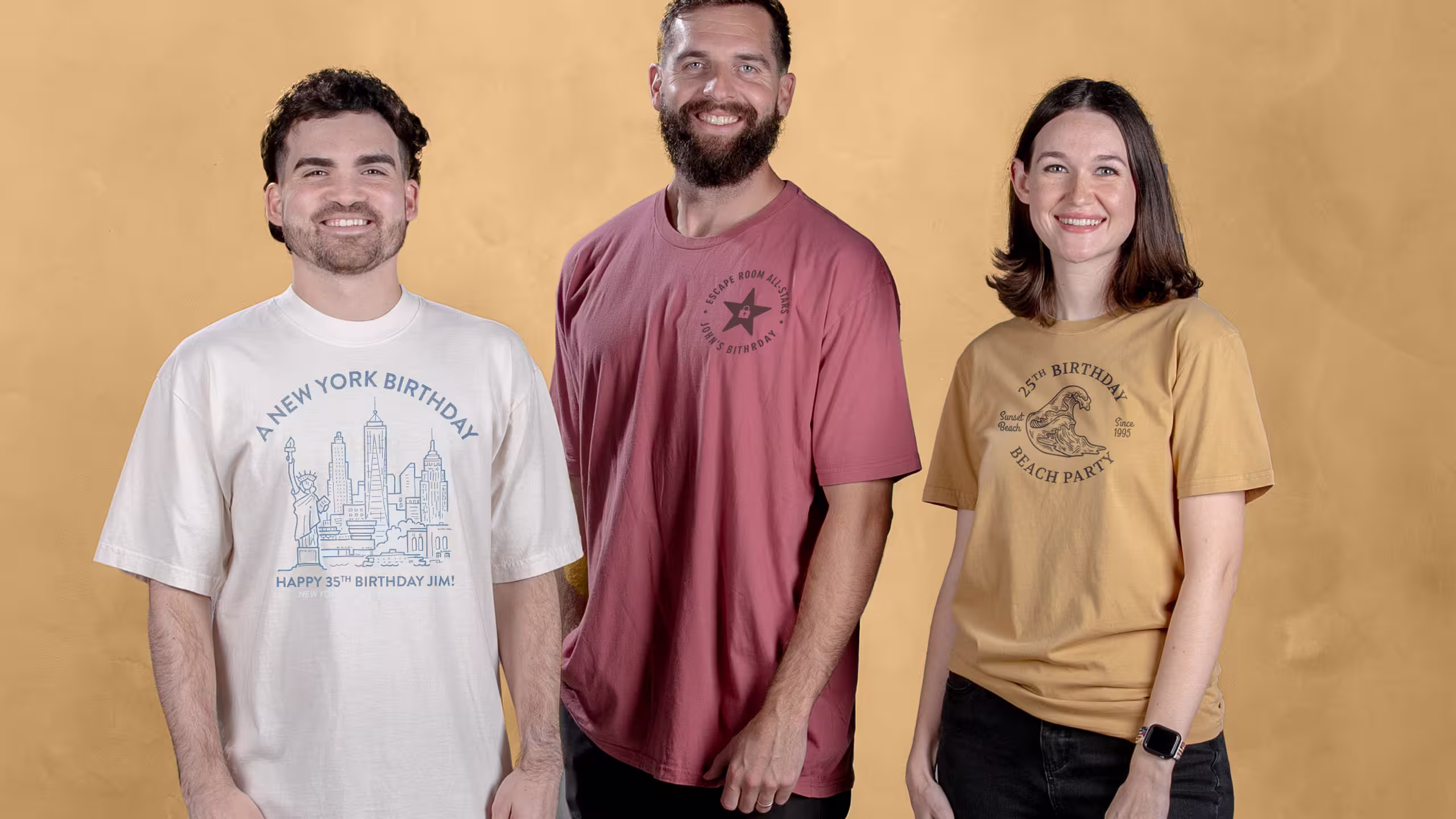 three people with white, red, and yellow t-shirts