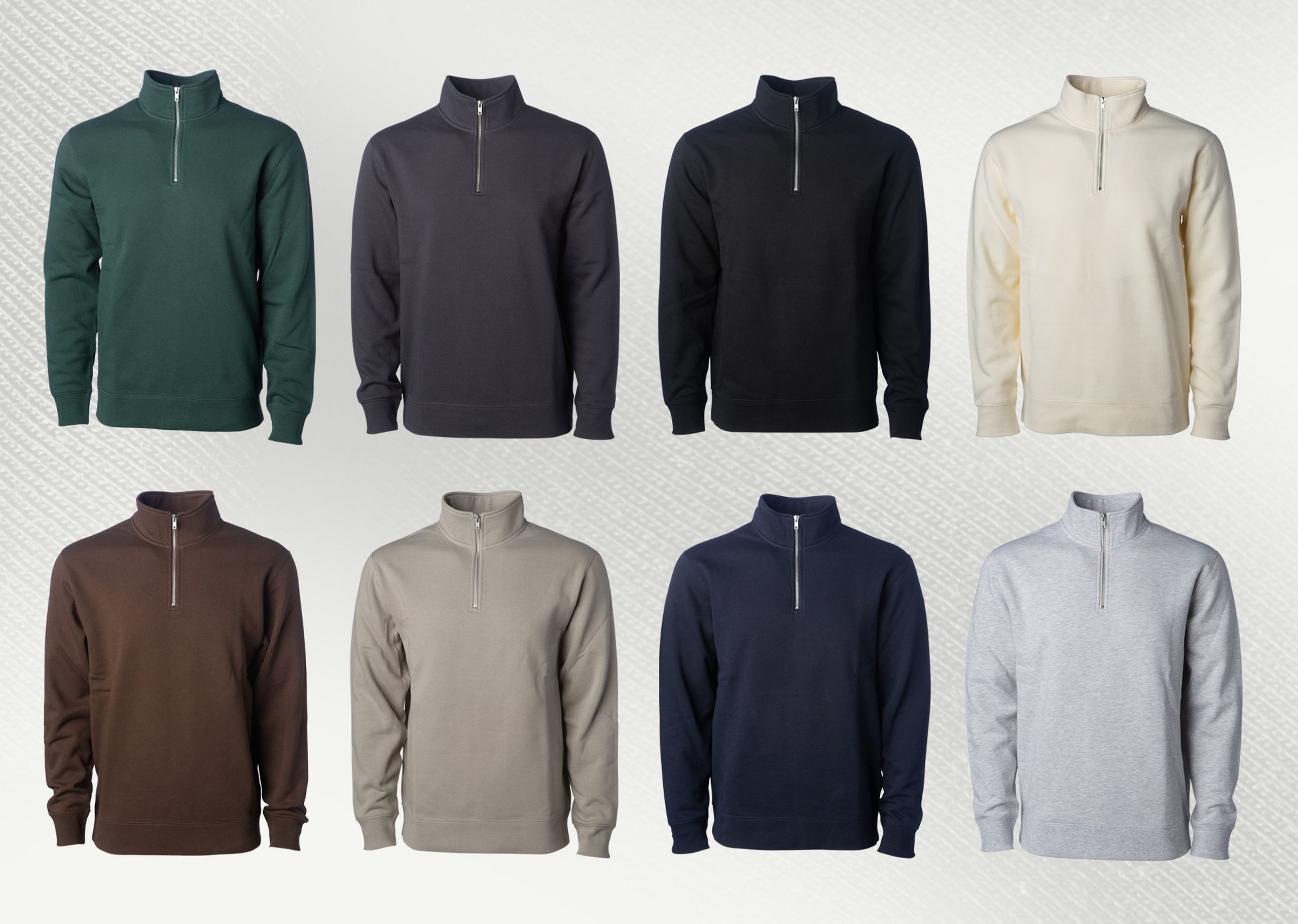 8 different colors of quarter-zip sweatshirts