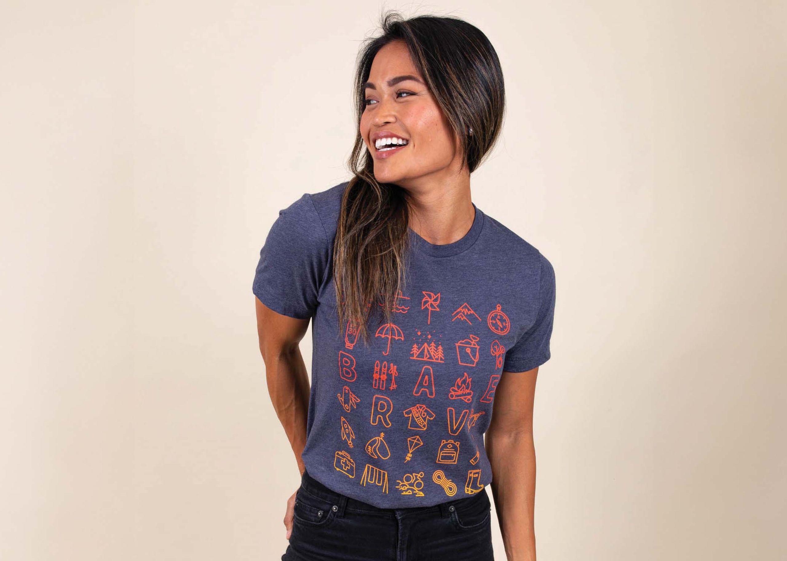 women wearing a navy tri-blend tee