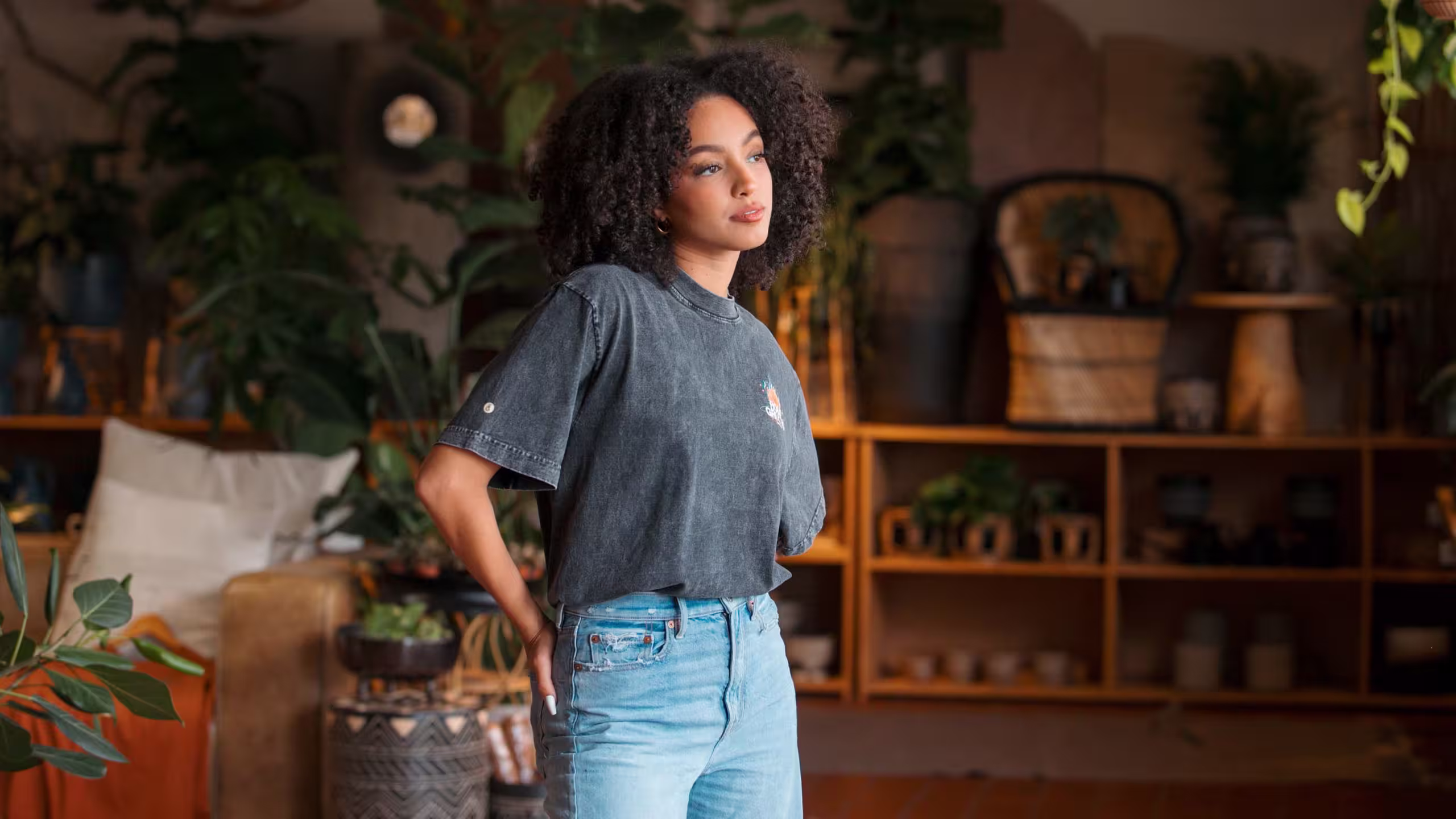women wearing a grey oversized t-shirt