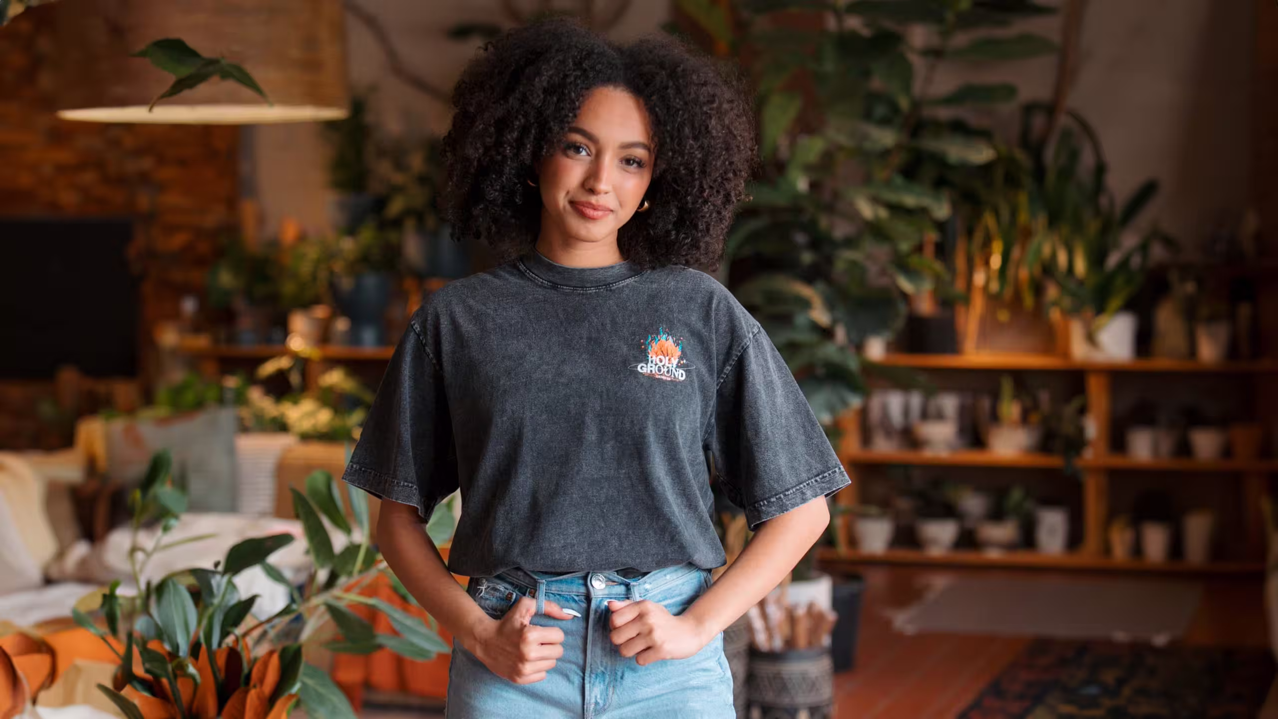 women wearing a dark gray garment dyed boxy t-shirt