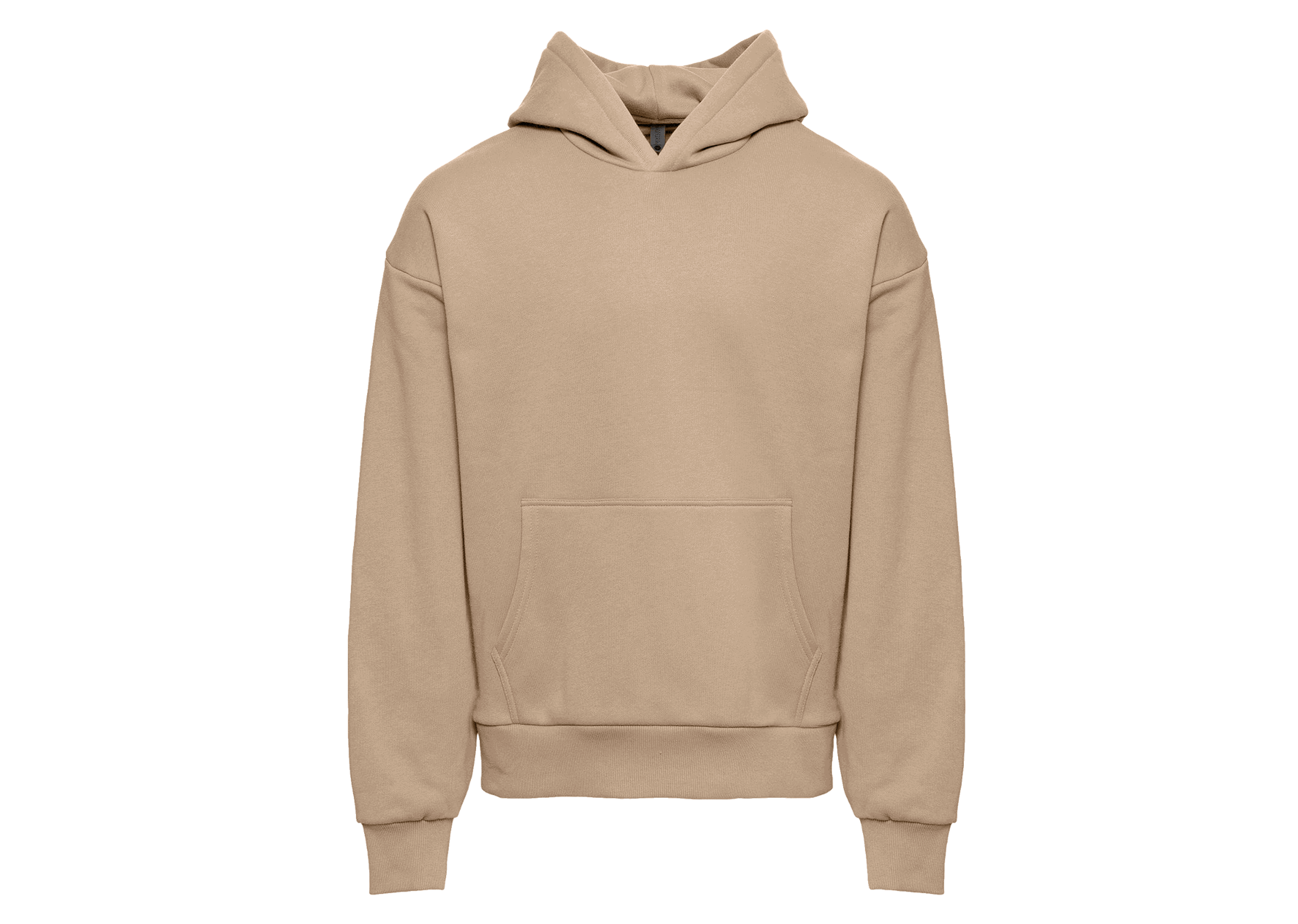 close up of a tan next level heavyweight pullover hoodie