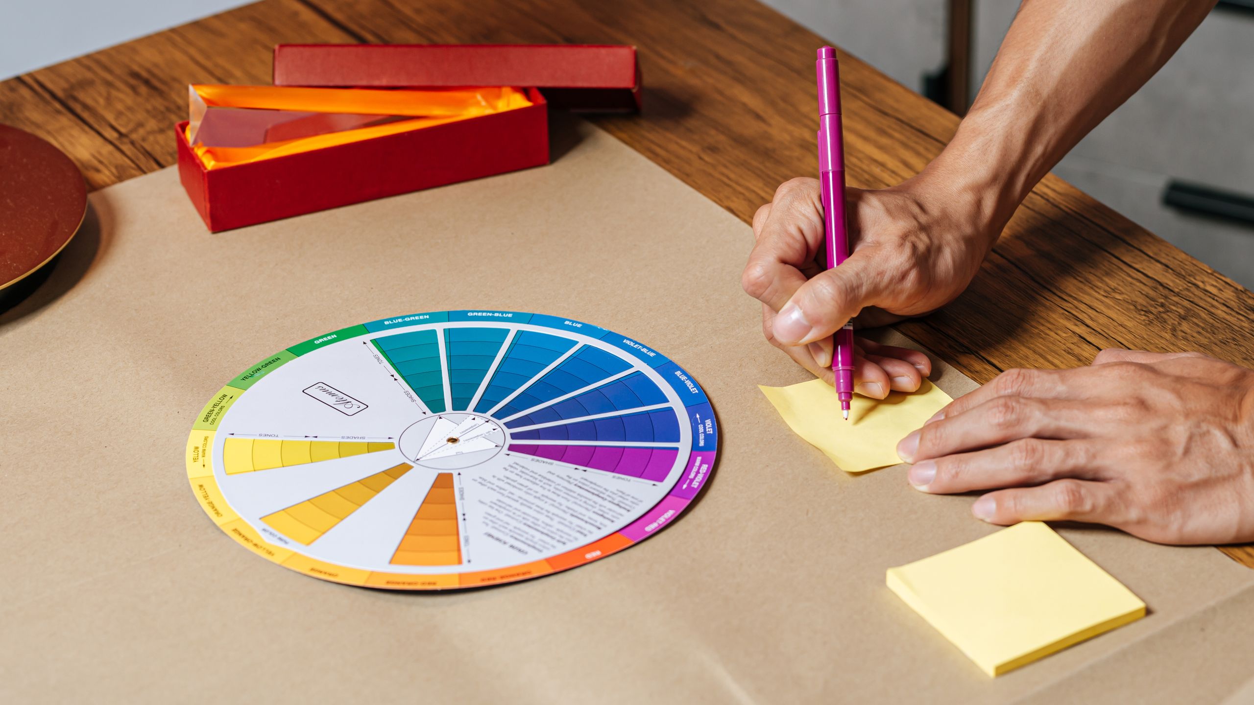 color theory wheel on craft paper