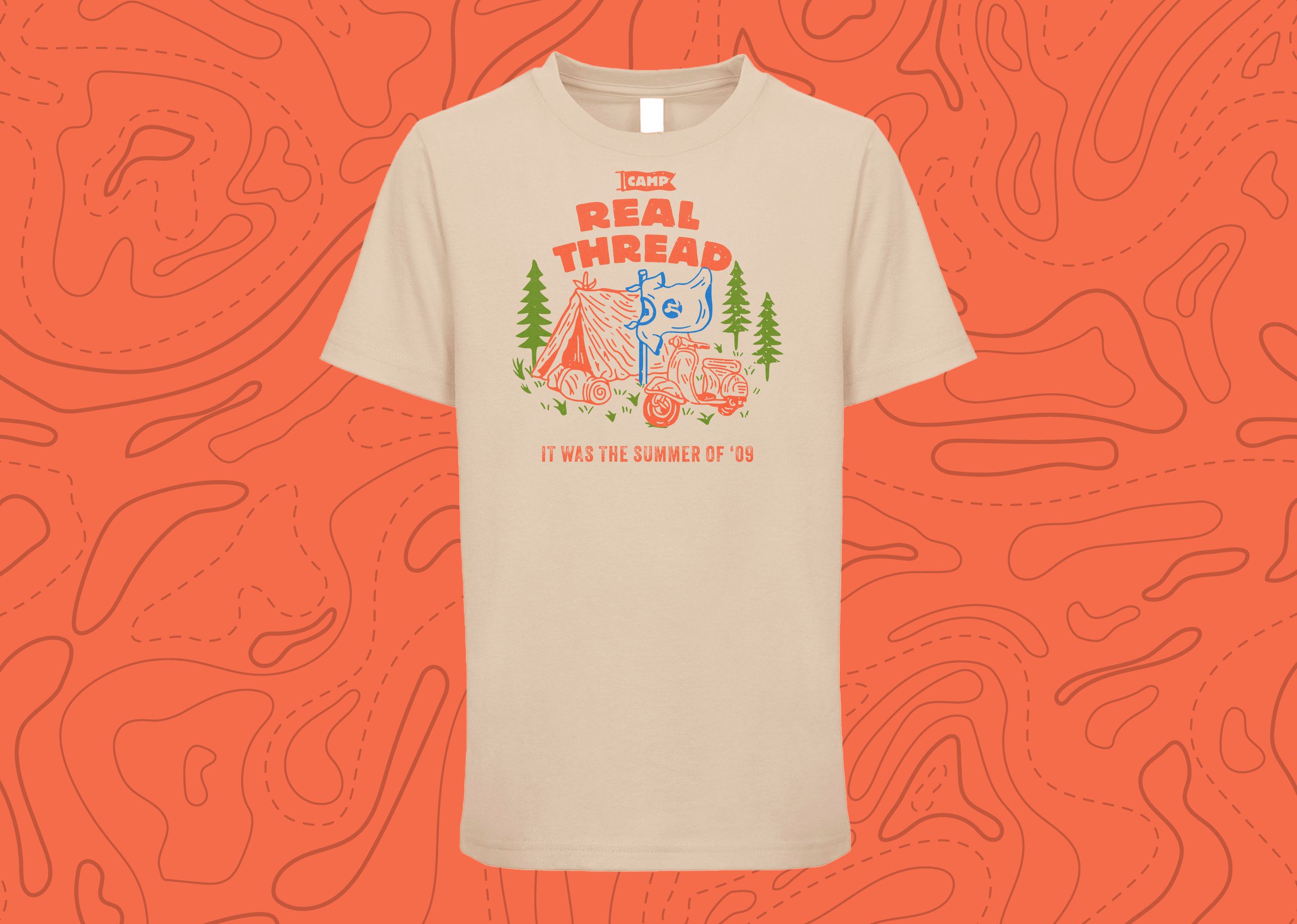 real thread NL 3310 & 3600 camp tee on a topographic texture background