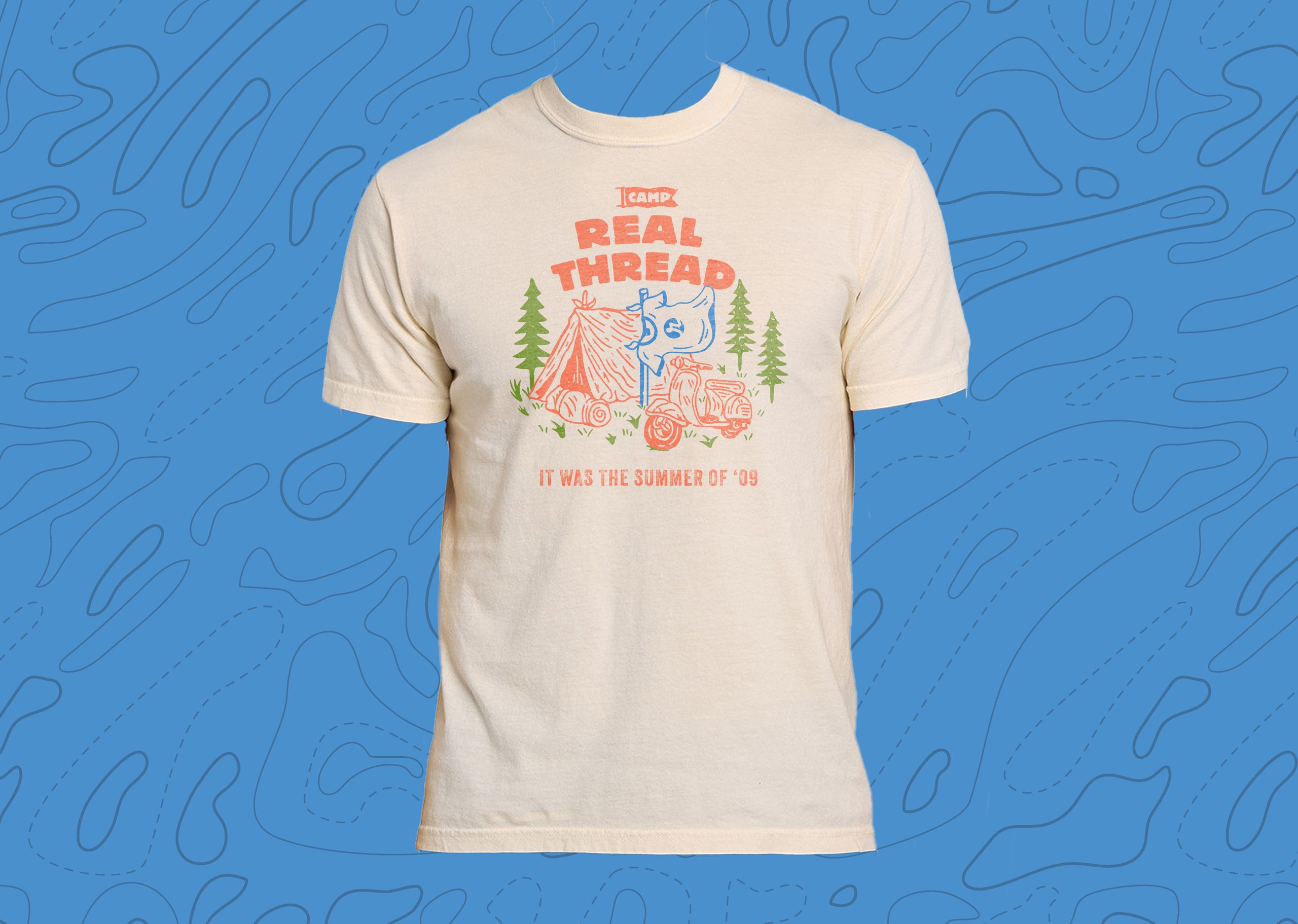 real thread garement-dyed camp tee on a topographic texture background