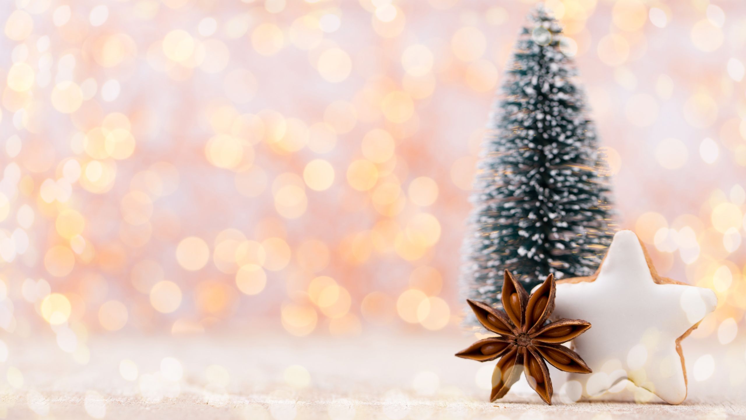 A frosted Christmas tree and star-shaped cookie with anise in front, set against a warm, bokeh-lit background.