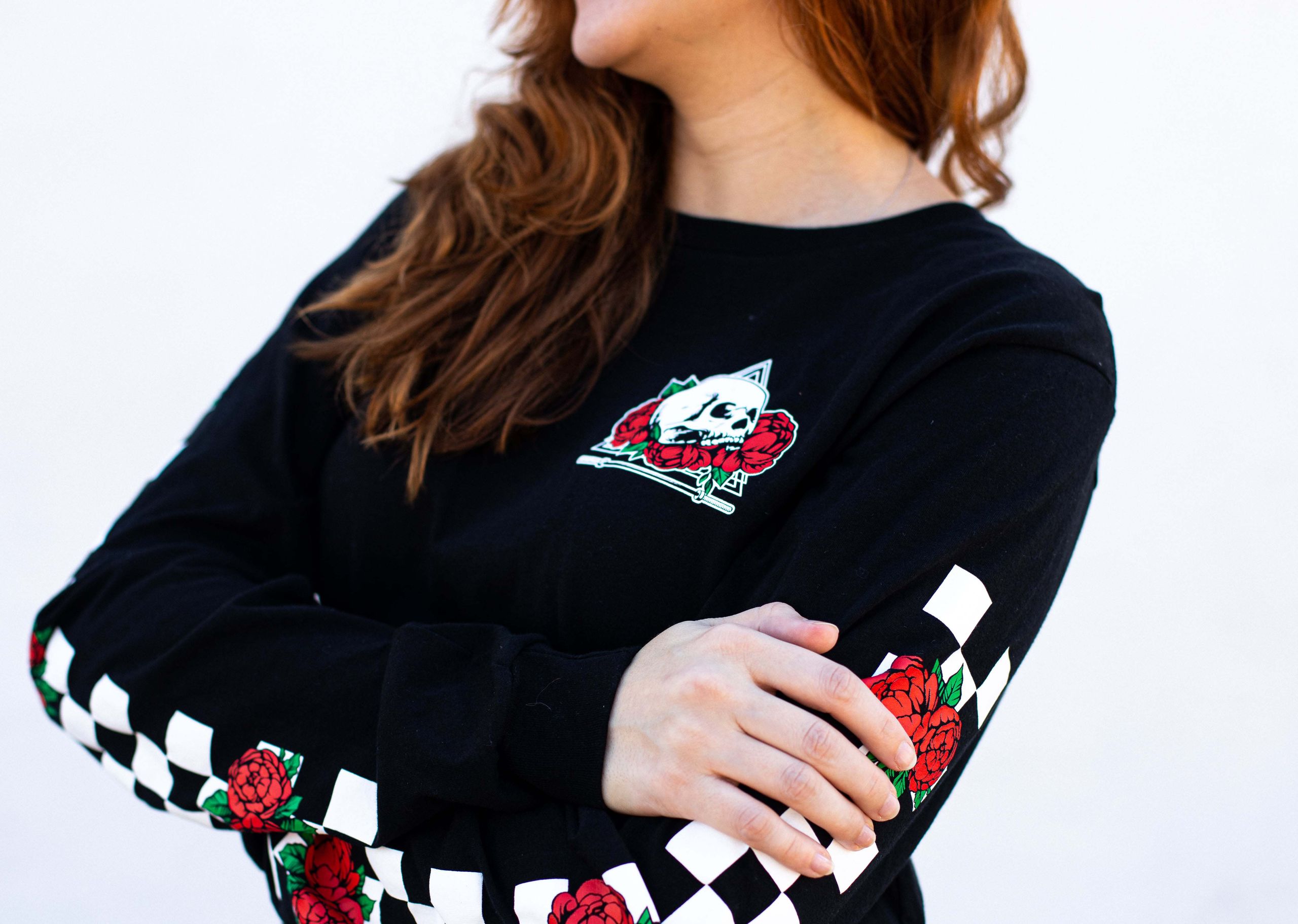 women wearing a black long sleeve t-shirt