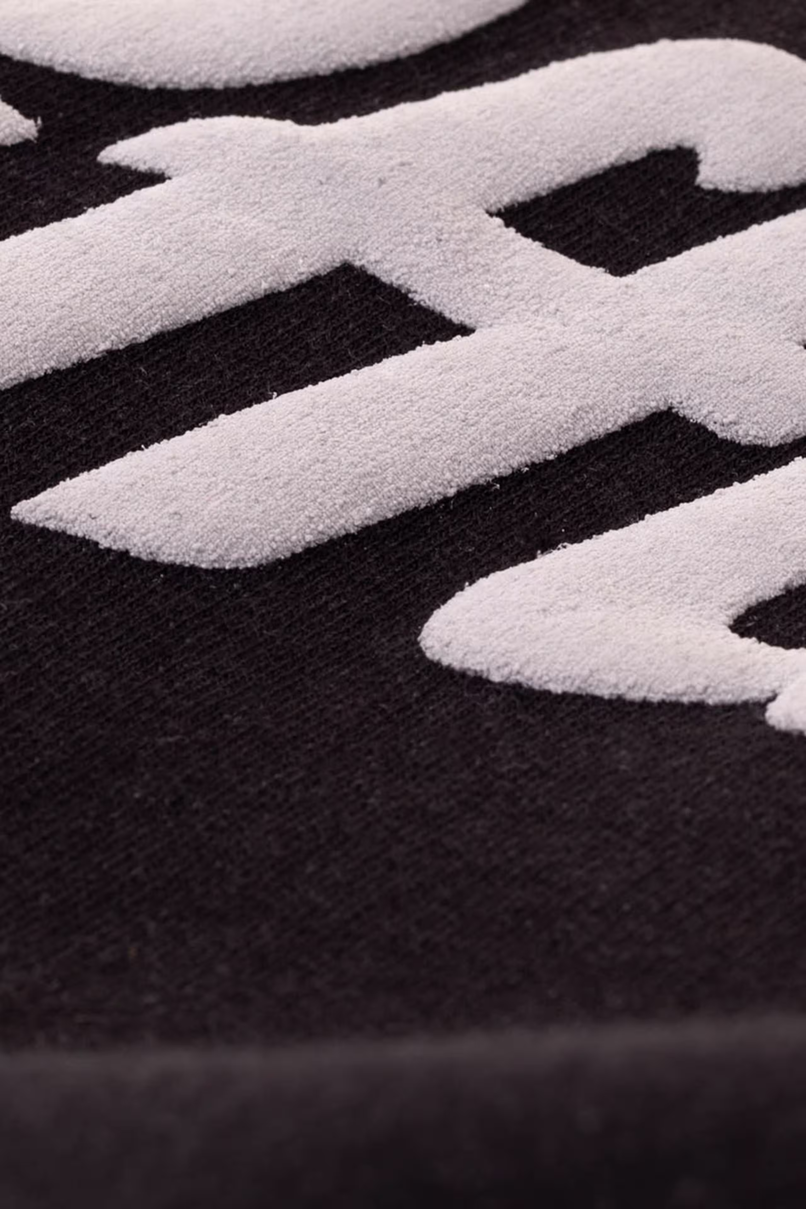 close up a black sweatshirt with white puff print