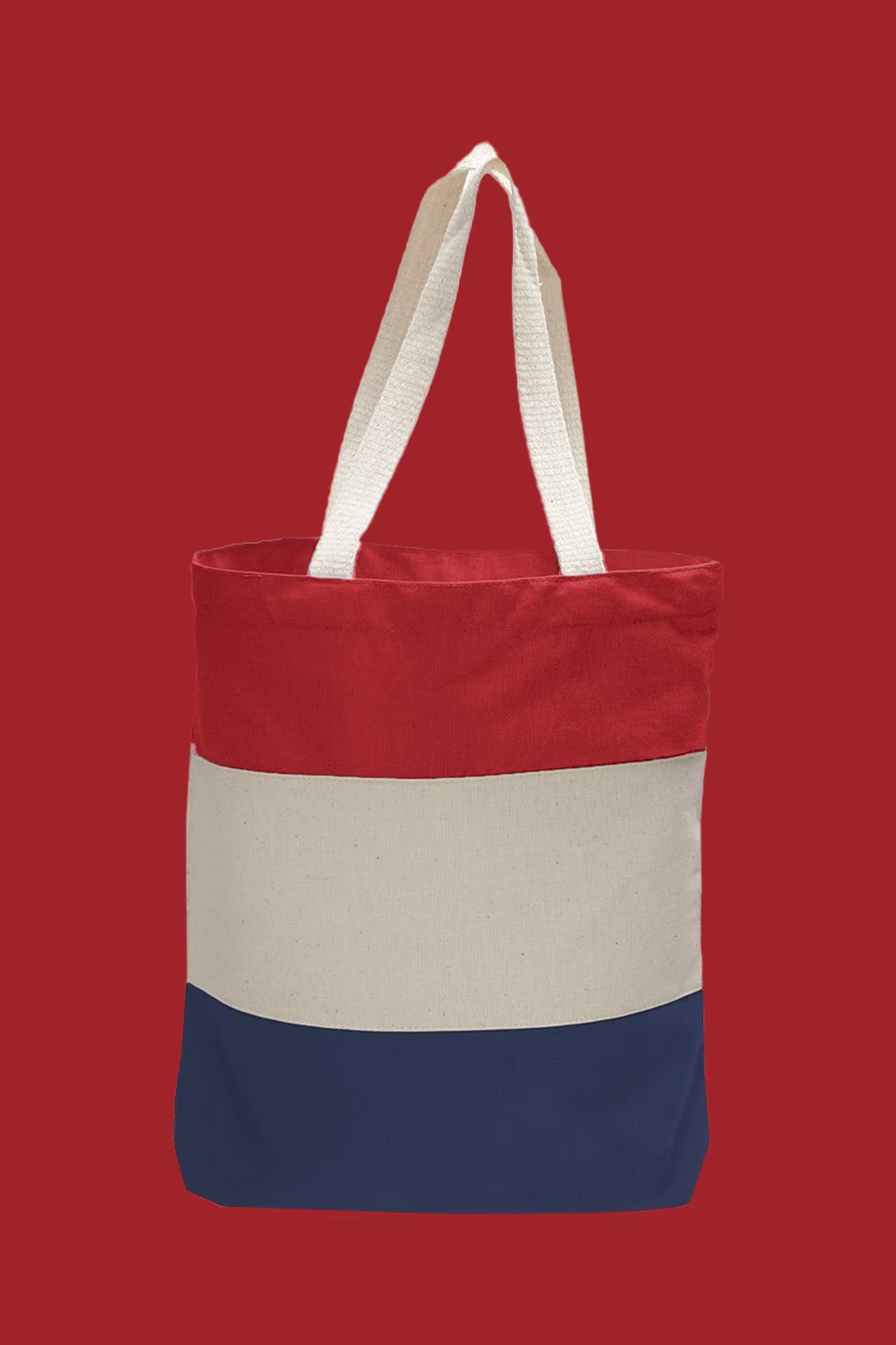 navy, natural, red tote