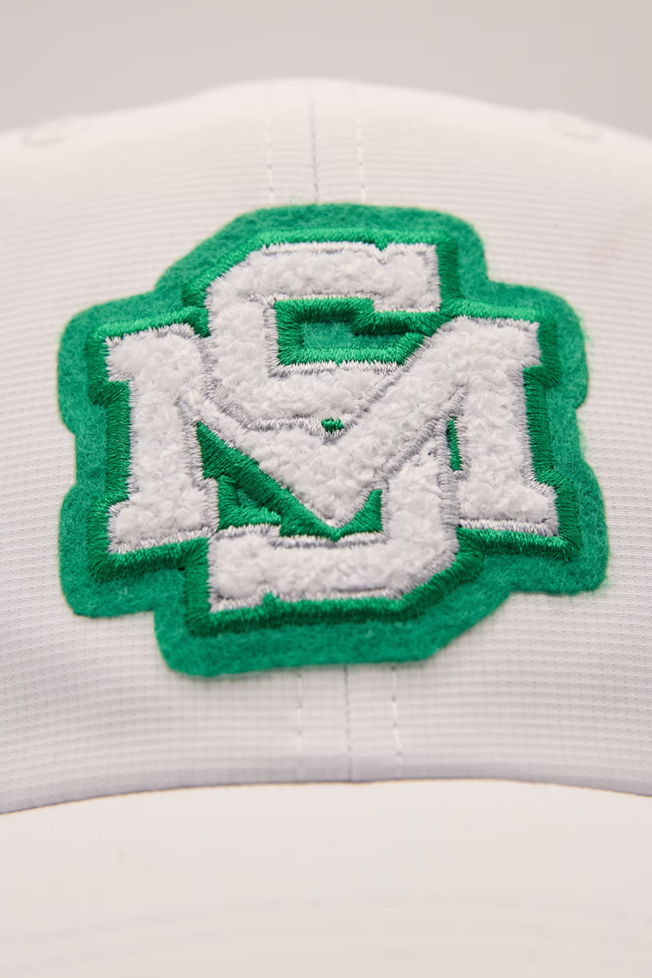 white and green s and m monogram chenille patch
