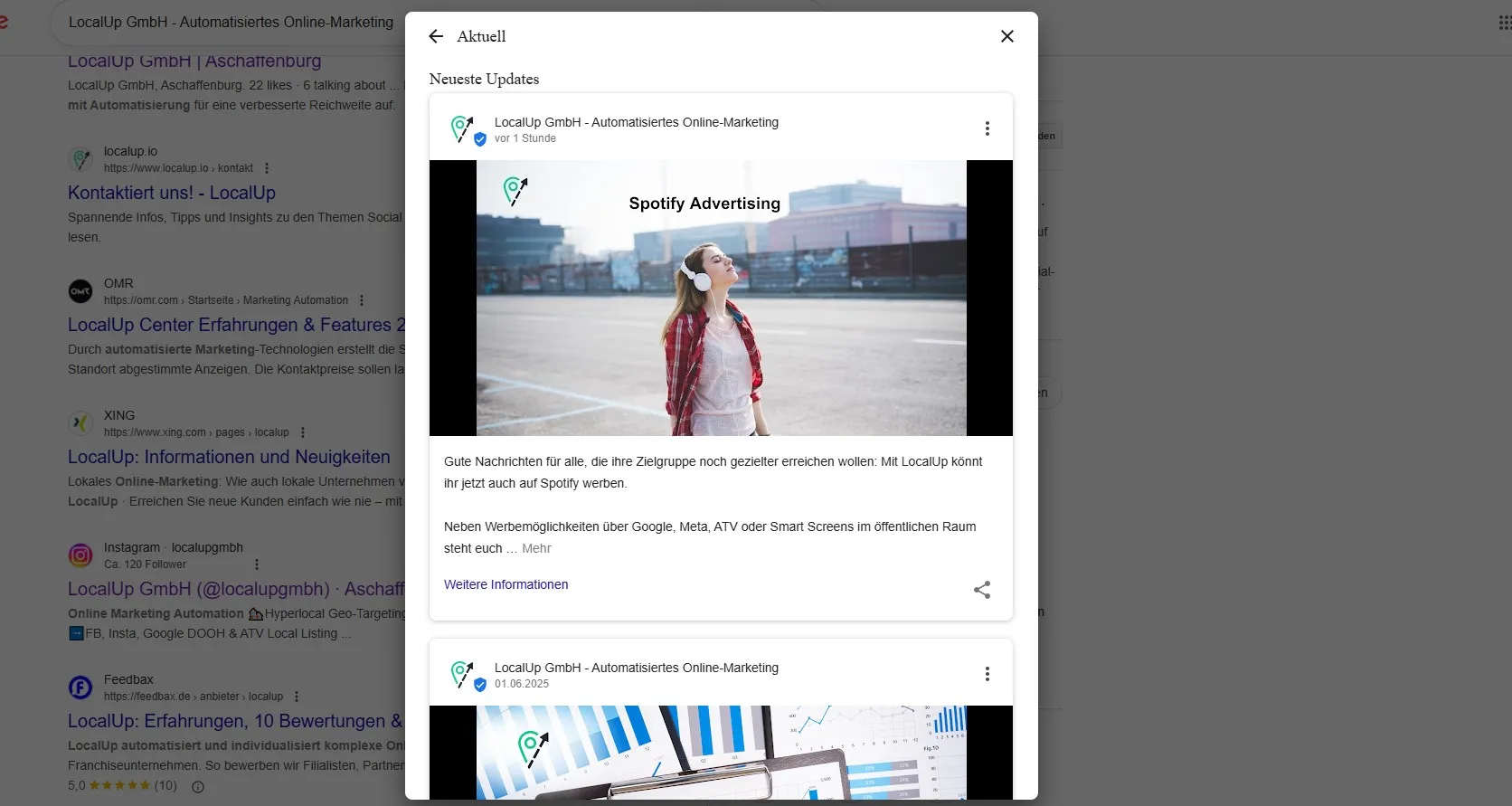 A woman with headphones stands outdoors, enjoying music. The image promotes Spotify Advertising. German text is visible around the picture.