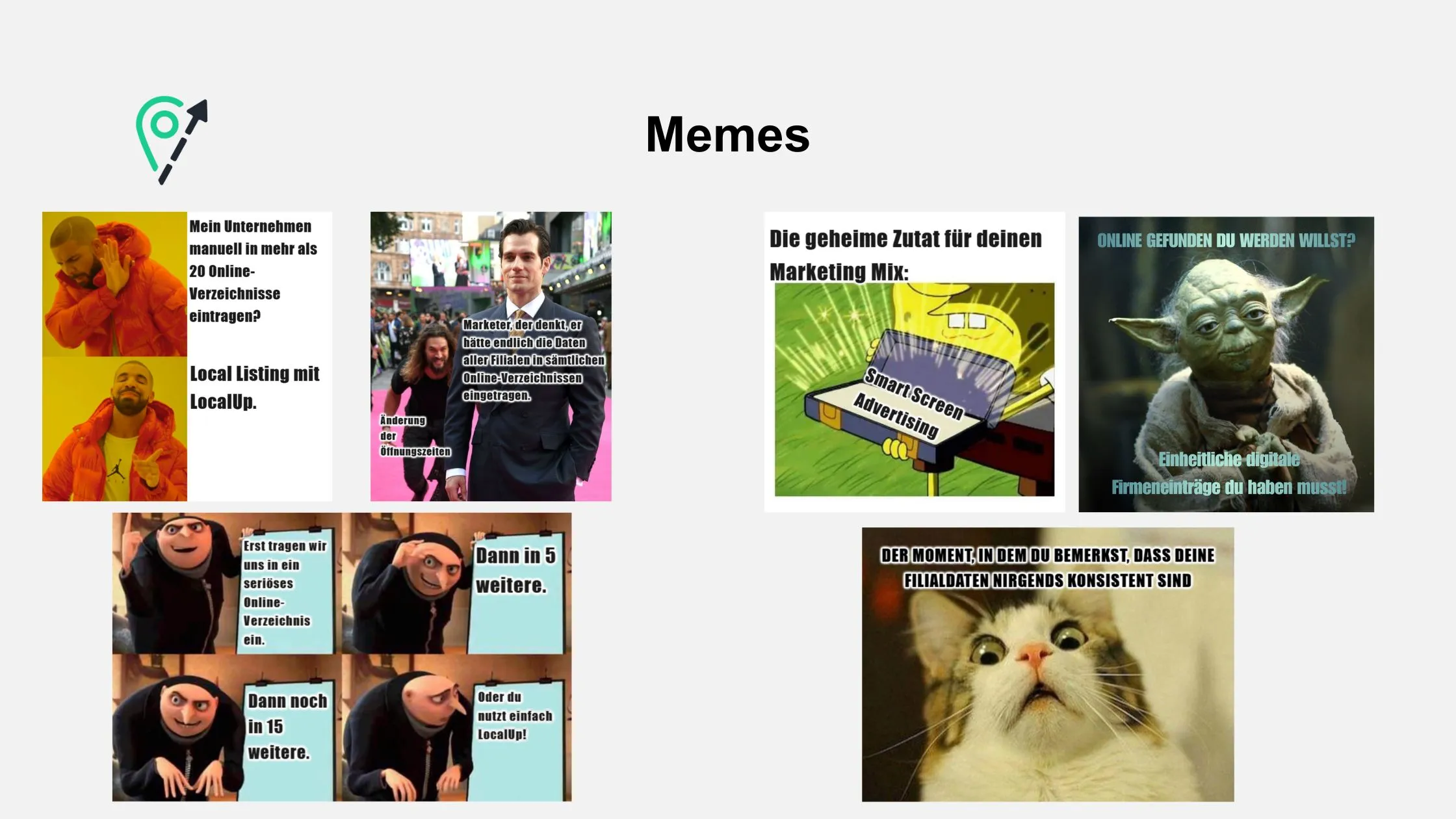 A collage of six memes with various humorous images and text in German, including animals, people, and fictional characters.