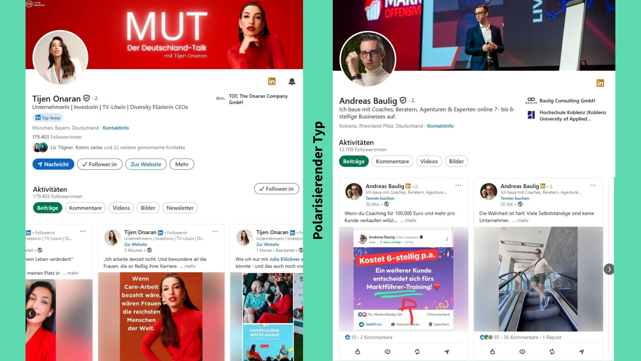 Screenshots der LinkedIn-Profile von Tijen Onaran und Andreas Baulig als Beispiel für polarisierende Typen im Personal Branding bei LinkedIn.