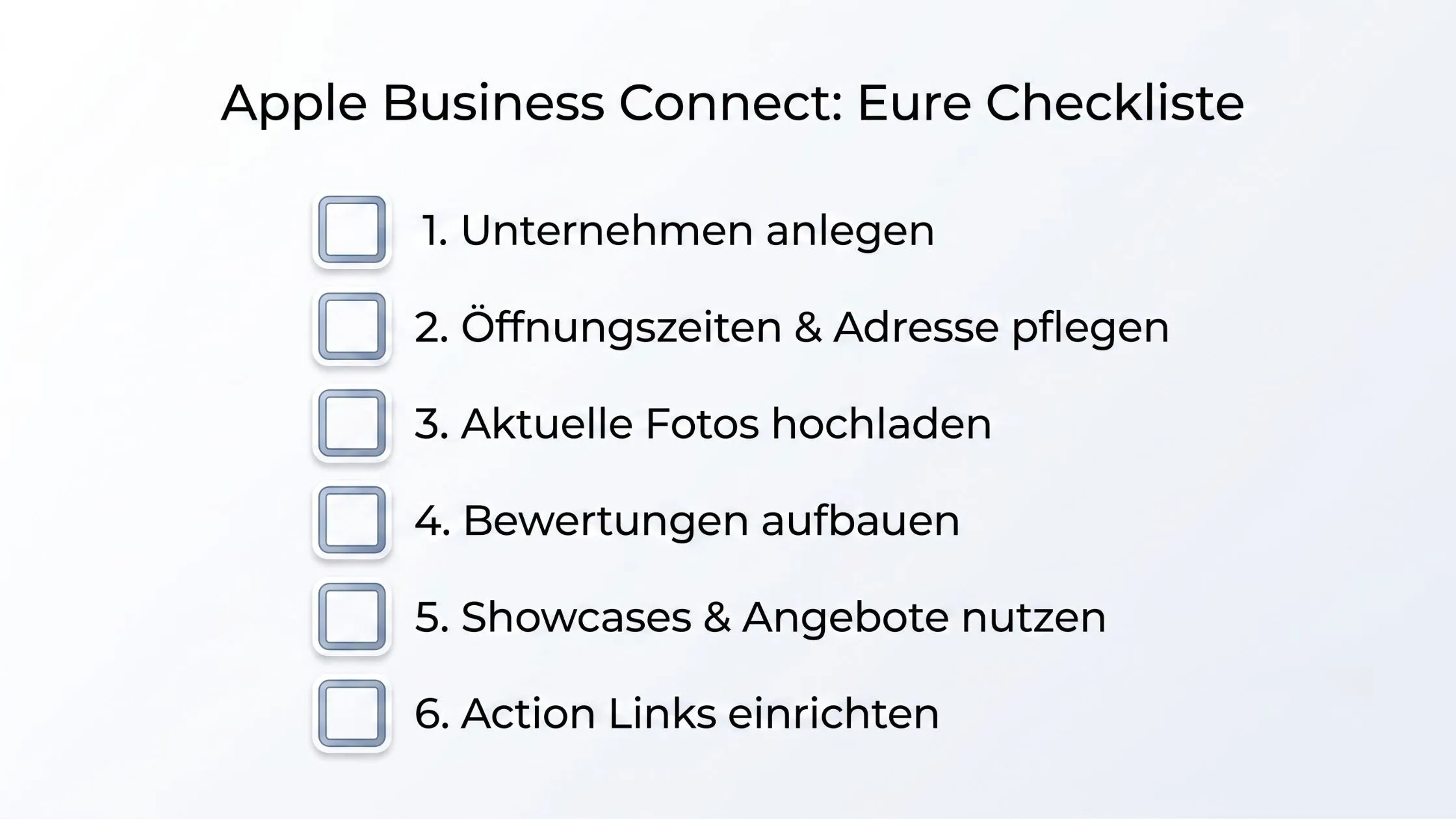 Checklist labeled "Apple Business Connect" with six tasks, including setting up a business, updating info, uploading photos, and managing reviews.